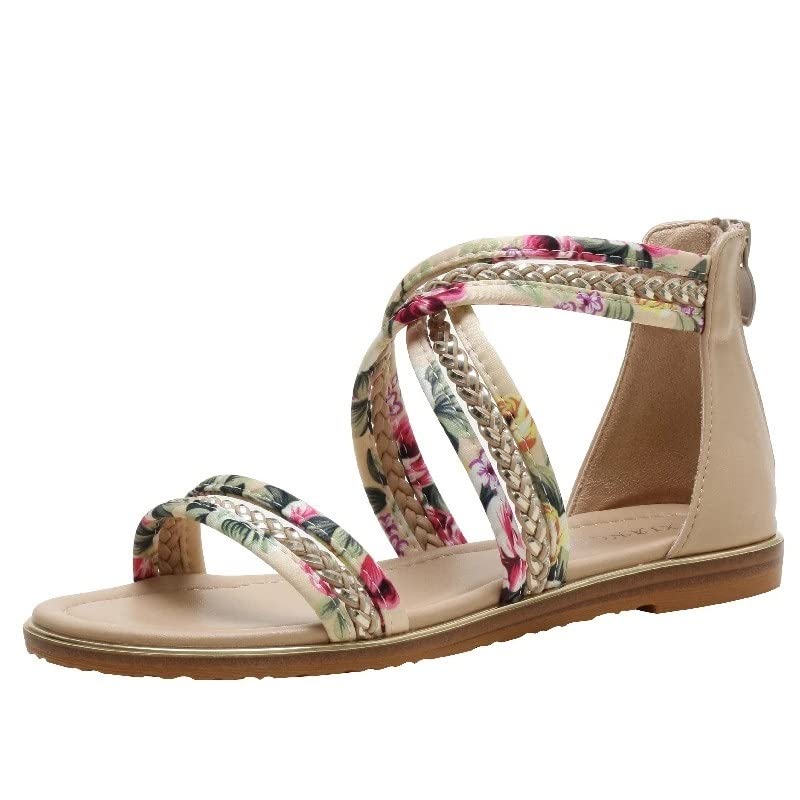 Women's Summer Flat Sandals - JrenBox Fashion Flower Beach Sandals for Women | Comfortable Leisure & Boho Style | Perfect for Beach, Vacation & Casual Wear (Beige, Size 10)
