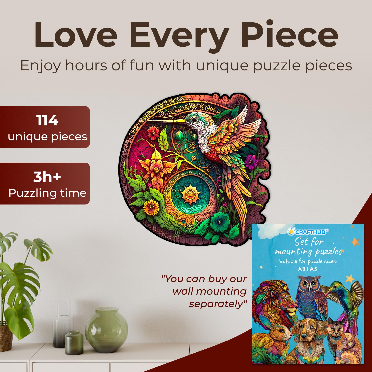 Hummingbird Wooden Jigsaw Puzzle for Adults - 114 Piece A4 Nectar Quest Puzzle with Unique Animal Shape - 7.7