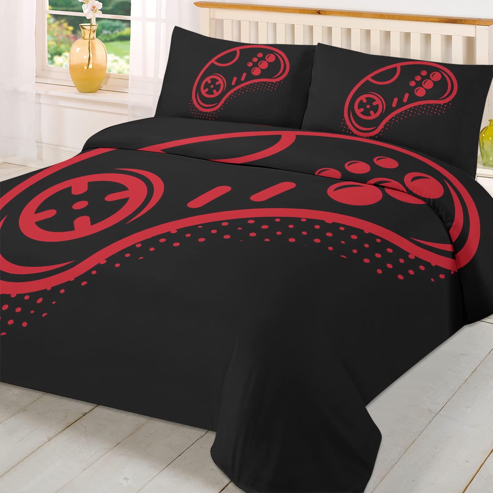 3-Piece Full Bedding Set with Zipper - Soft Microfiber Duvet Cover & Bed Sheets in Red Gaming Design for Boys, Girls & Teens - Perfect for Gaming Rooms, Dorm Decor and Kids Bedrooms