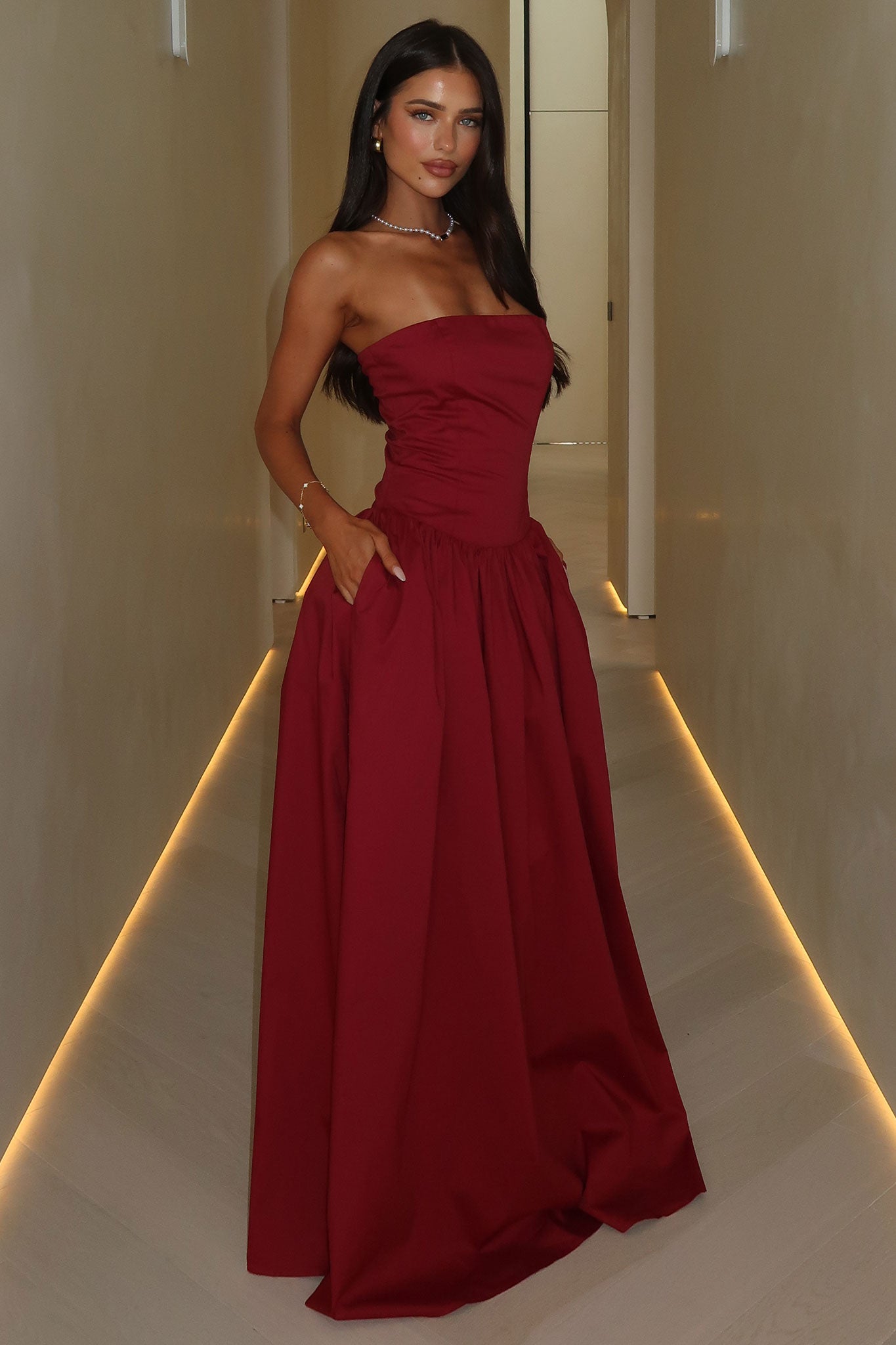Iridessa Strapless Maxi Dress - Burgundy Red Long Formal Gown for Women | Perfect for Weddings, Parties & Evening Events