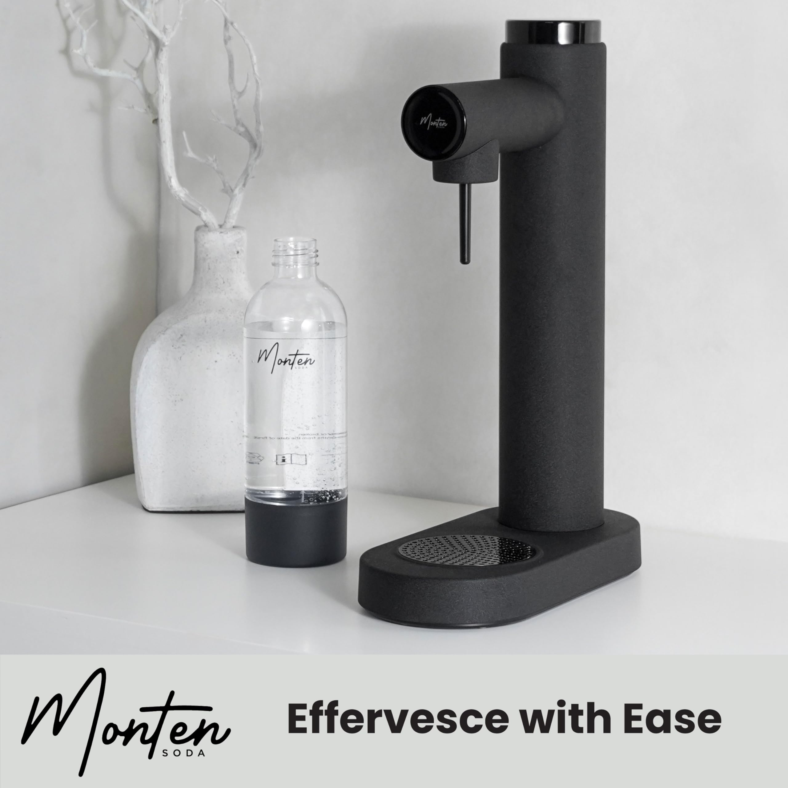 Premium Matte Black Sparkling Water Maker with 3 x 60L CO2 Cylinders & 900ML Reusable PET Bottle - Eco-Friendly Stainless Steel Soda Machine for Home, Office, or Parties - Create Healthy Carbonated Drinks Easily