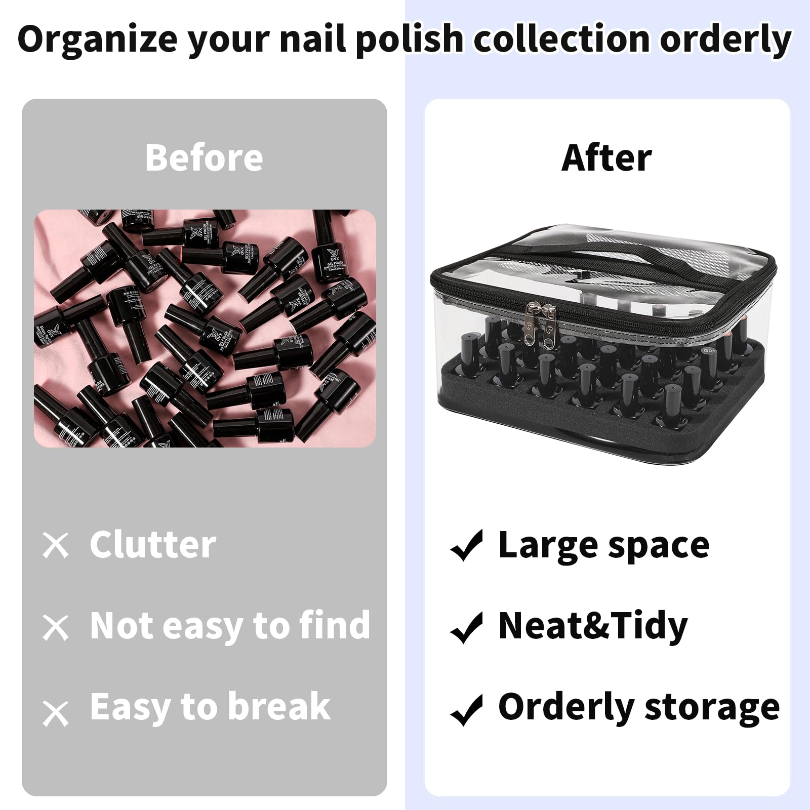 Beloving 30 Bottle Nail Polish Organizer Bag - Portable Manicure Kit Case for 15ml/0.5oz Nail Supplies, Travel-Friendly Nail Art Tools Storage Pouch (Black) - Perfect for Salon Professionals, Home Nail Care & On-the-Go Touch Ups