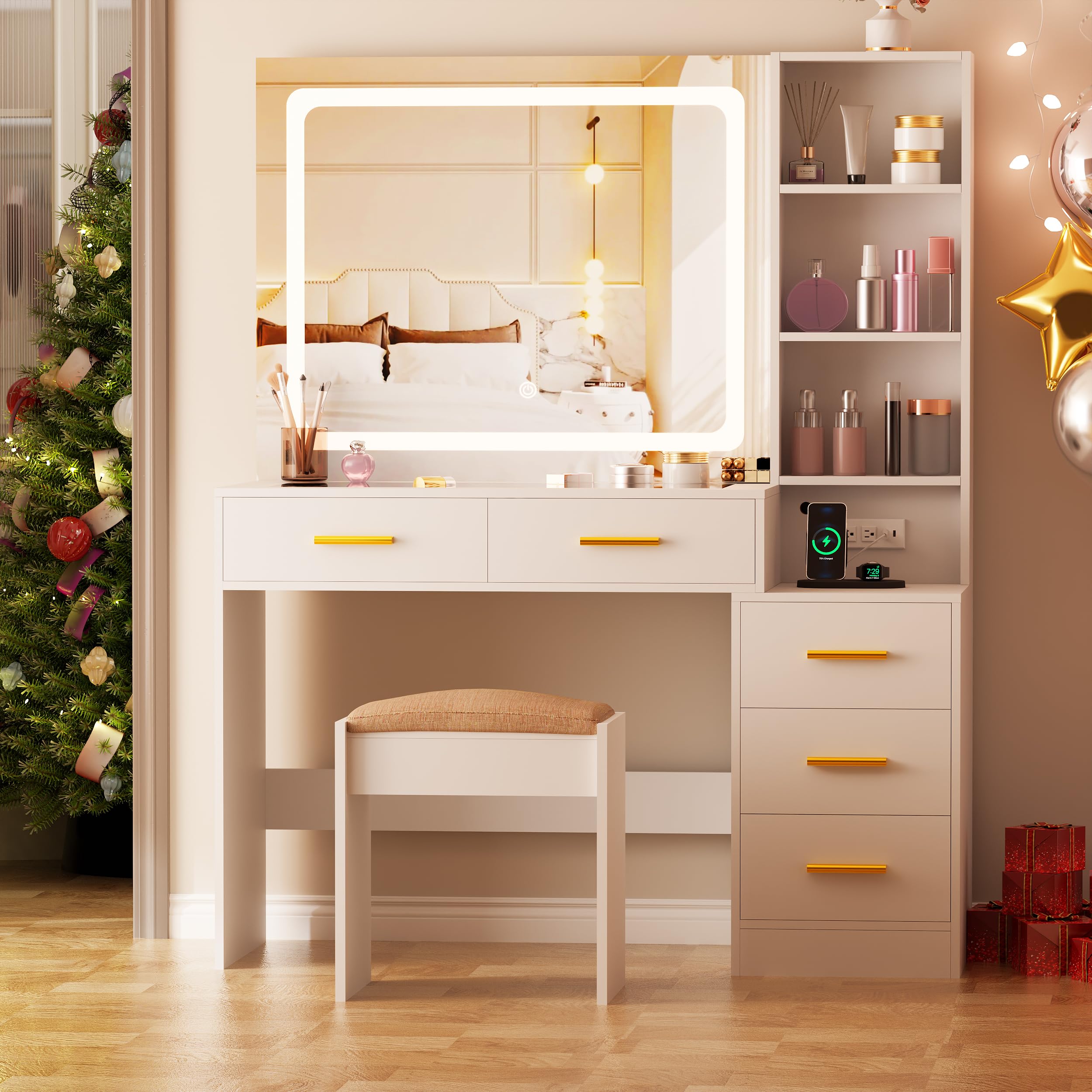 BEWISHOME White Makeup Vanity Desk with LED Lights, Mirror & Power Outlet - 5 Drawers Dressing Table with Glass Top, 3 Lighting Modes, Stool Included - Perfect for Bedroom, Girls Room & Beauty Salon Makeup Station