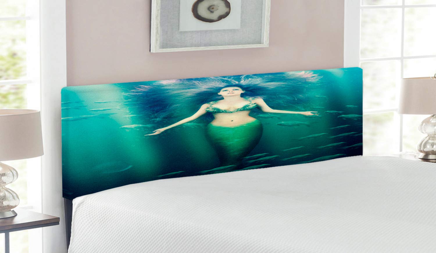 Ambesonne Mermaid Queen Size Upholstered Metal Headboard with Memory Foam - Underwater Fantasy Design with Sunbeams & Fish in Green Aqua Purple - Perfect for Kids' Bedrooms, Beach Themed Decor & Fantasy Interior Design