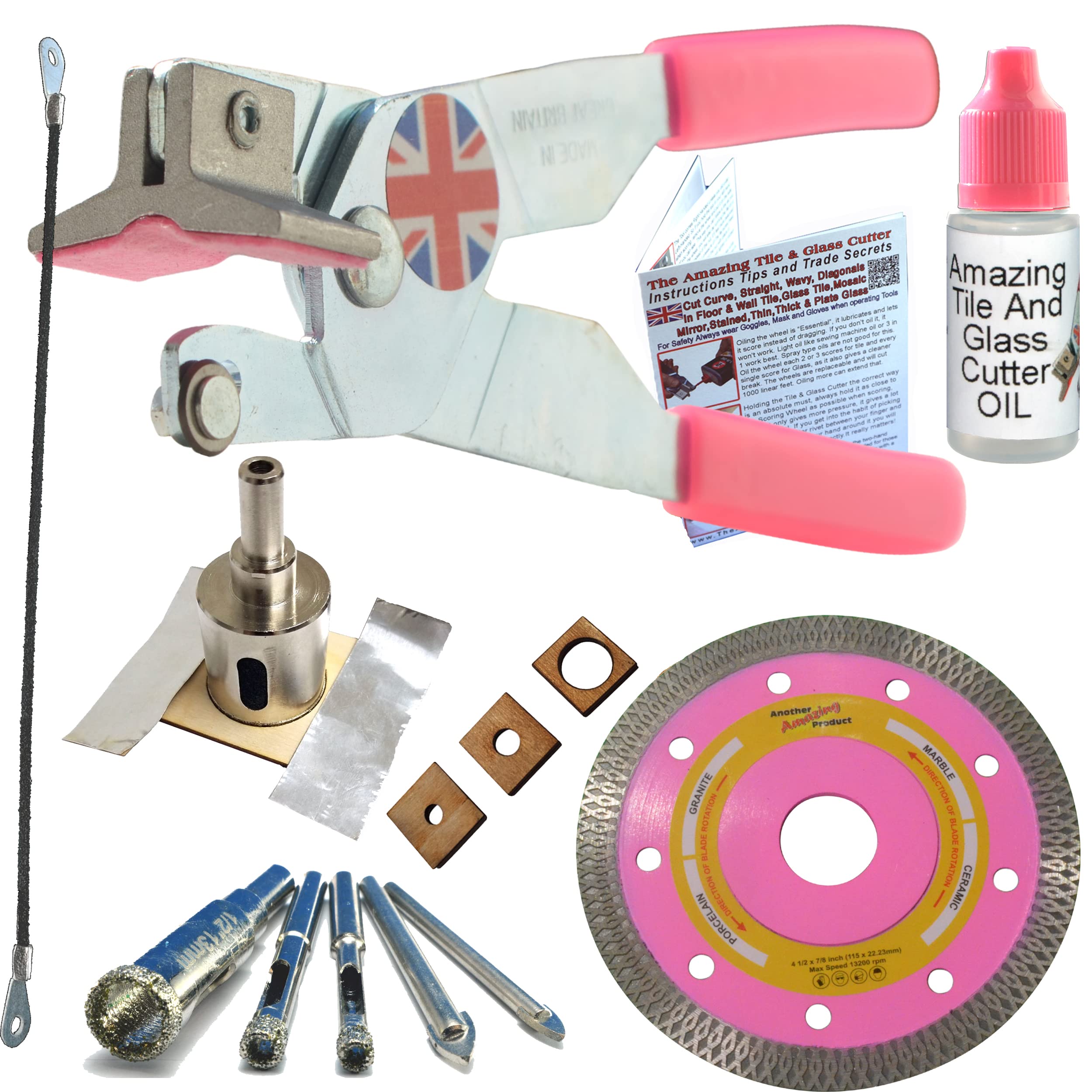 Professional Glass & Tile Cutter Kit with Diamond Blade - 3-in-1 Tiling Tool Set for Porcelain, Corners & Outlets - Includes Round Hacksaw, Notch Cutter, Drill Bits & Hole Saw - Perfect for Shower Door Installation, Pipe & Faucet Work