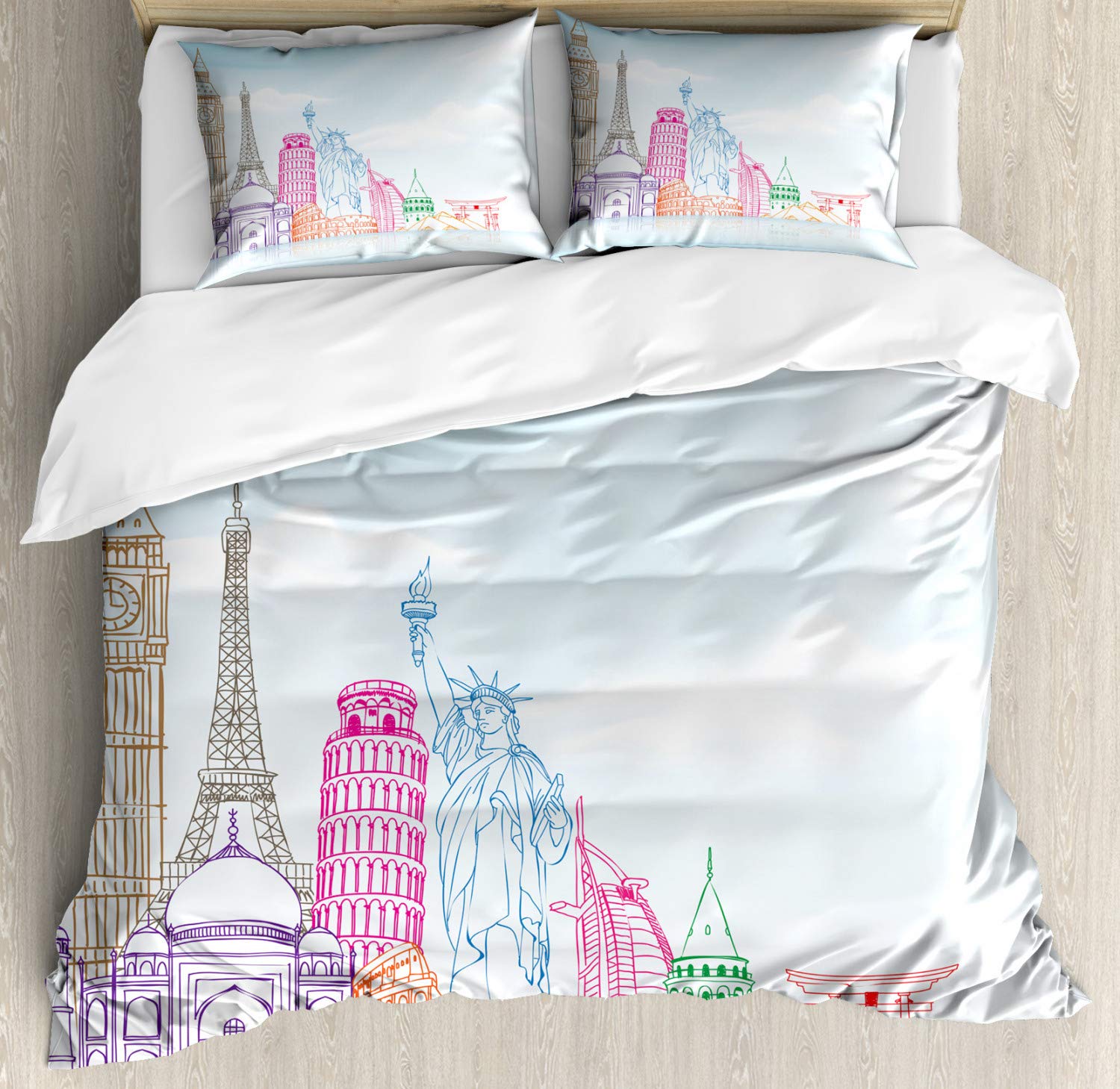 Ambesonne European Cities Landmarks Duvet Cover Set - King Size 3-Piece Bedding with 2 Pillow Shams, Sky Blue Colorful Art Print | Perfect for Travel Lovers & Home Decor | Hotel Luxury Style Bedroom Upgrade