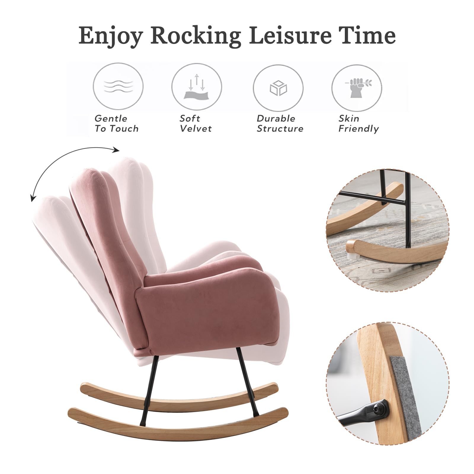 Simore Nursery Rocking Chair - Comfortable Wooden Rocker for Living Room, Bedroom & Nursery - Pink Glider Chair for Breastfeeding, Reading & Relaxing