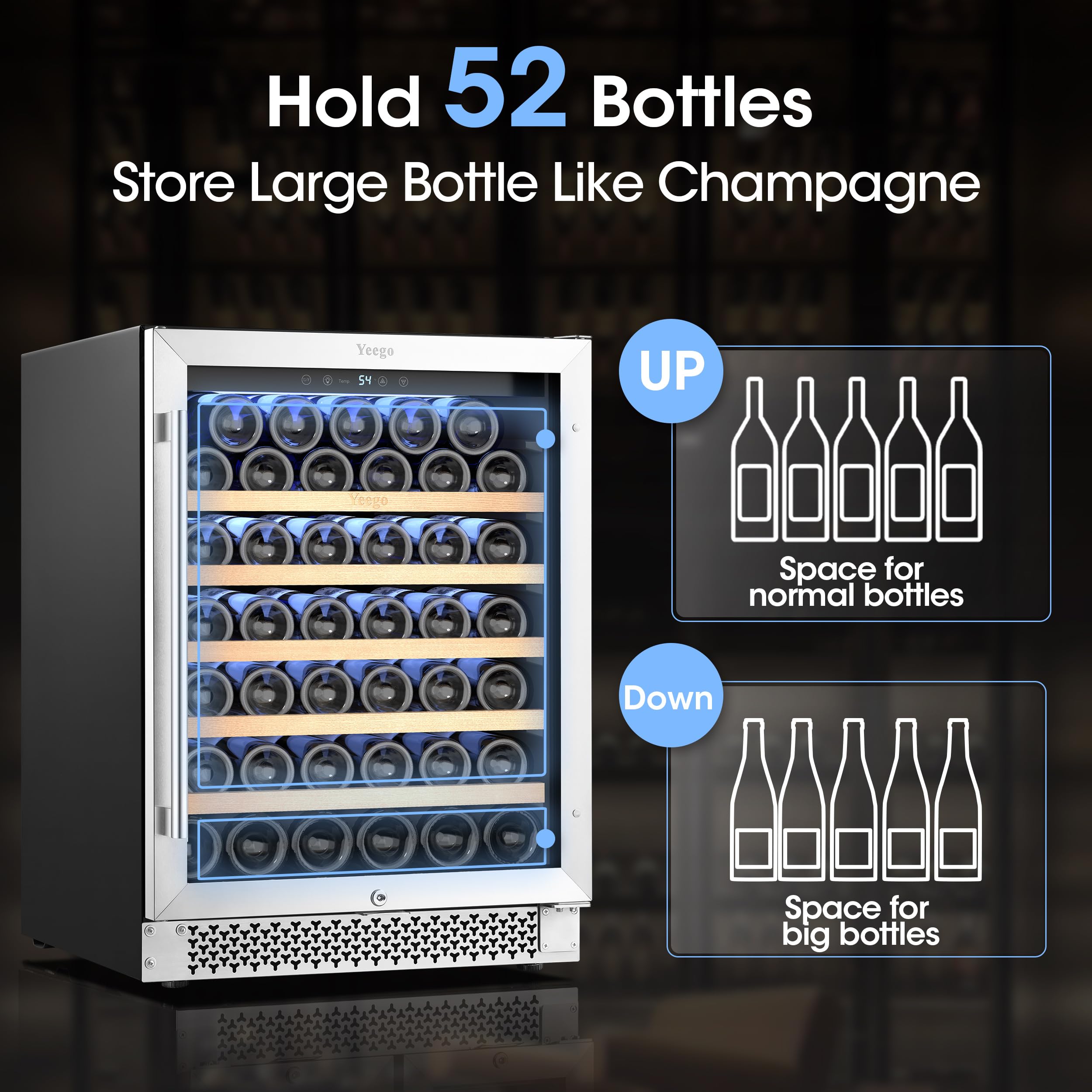 24 Inch Wine Cooler Refrigerator - 52 Bottle Capacity, Upgraded Compressor for Consistent Temperature, Low Noise & Fast Cooling, No Fog Design - Perfect for Home Bars, Restaurants, and Wine Cellars