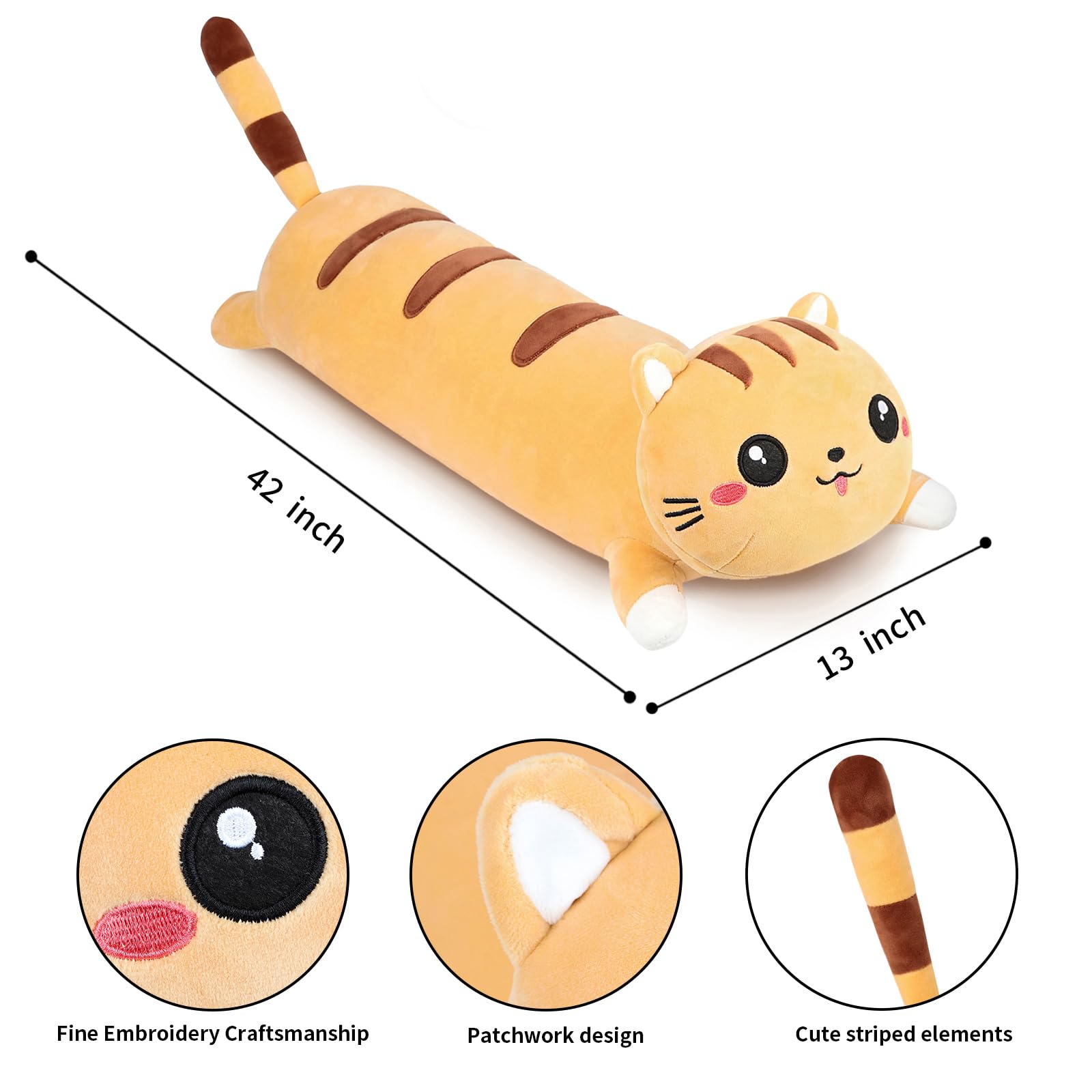 AFAN 42 Inch Long Cat Plush Pillow - Super Soft Cuddly Kawaii Stuffed Animal Toy, Cute Cotton Body Pillow for Kids, Girls, Boys & Adults - Perfect for Bedroom Decor, Anime Lover Gift & Cozy Nap Companion (Yellow)
