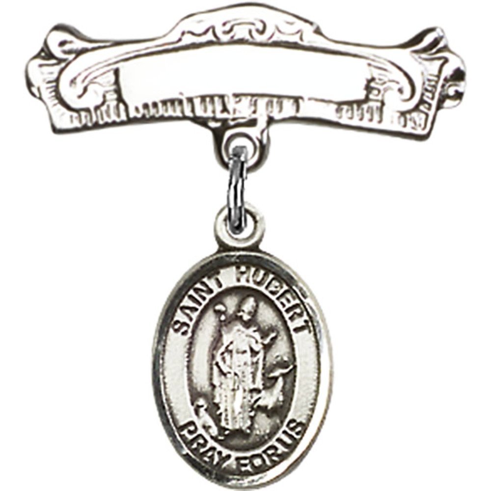 St. Hubert of Liege Sterling Silver Baby Badge with Charm & Arched Polished Pin (7/8 x 7/8 inches) - Perfect for Christenings, Baptisms & First Communion Gifts