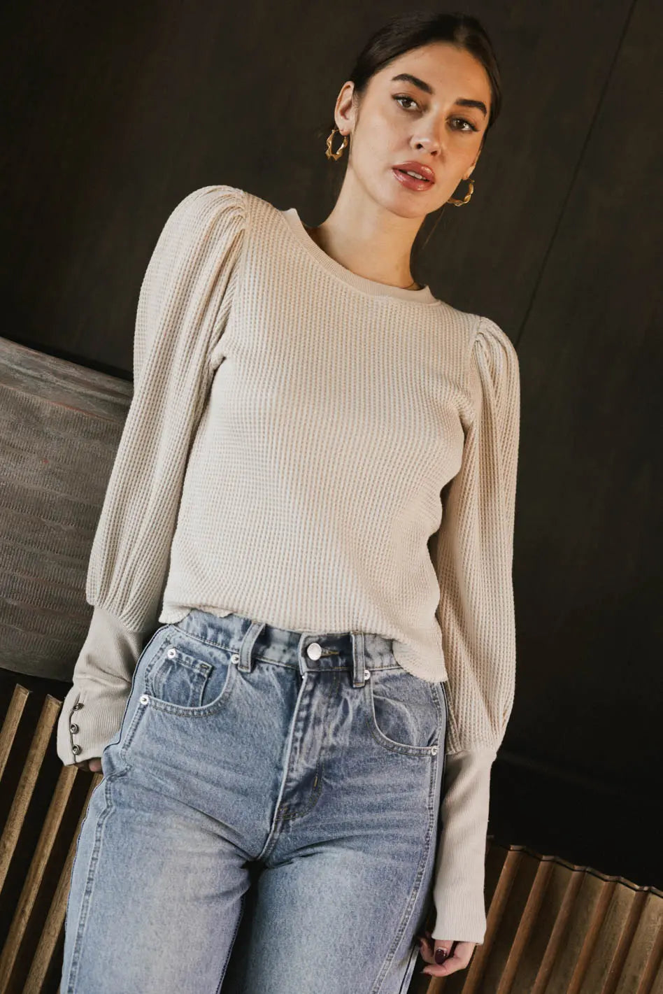 Lettie Cream Waffle Knit Top for Women - Soft & Comfortable Casual Shirt - Perfect for Everyday Wear, Layering, and Fall Outfits