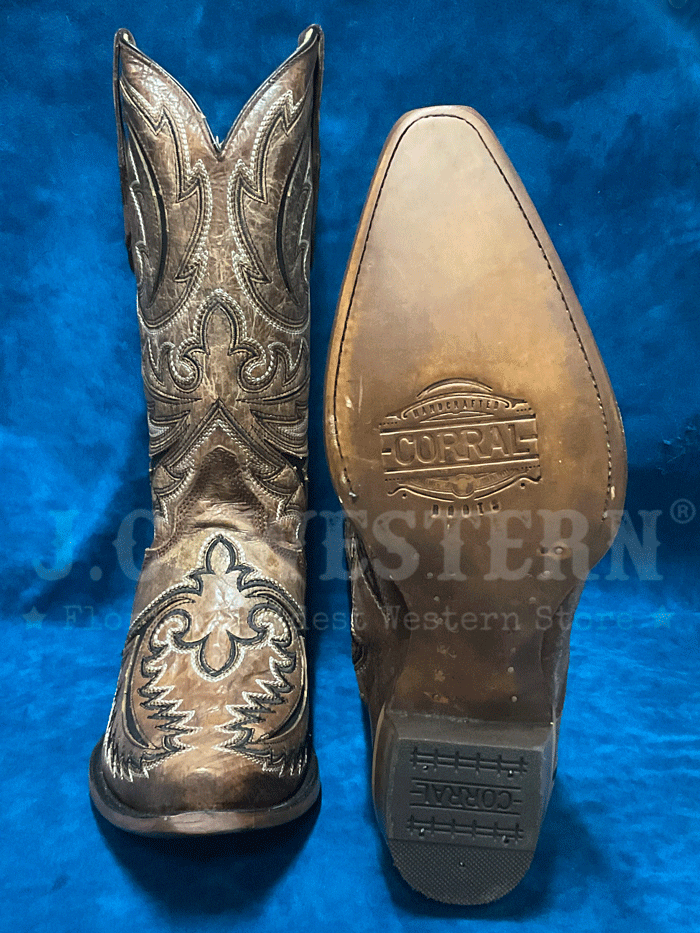 Men's Corral C4075 Western Boots - Brown Triad Embroidery Inlay Design, Comfortable Cowboy Boots for Riding, Dancing & Country Fashion