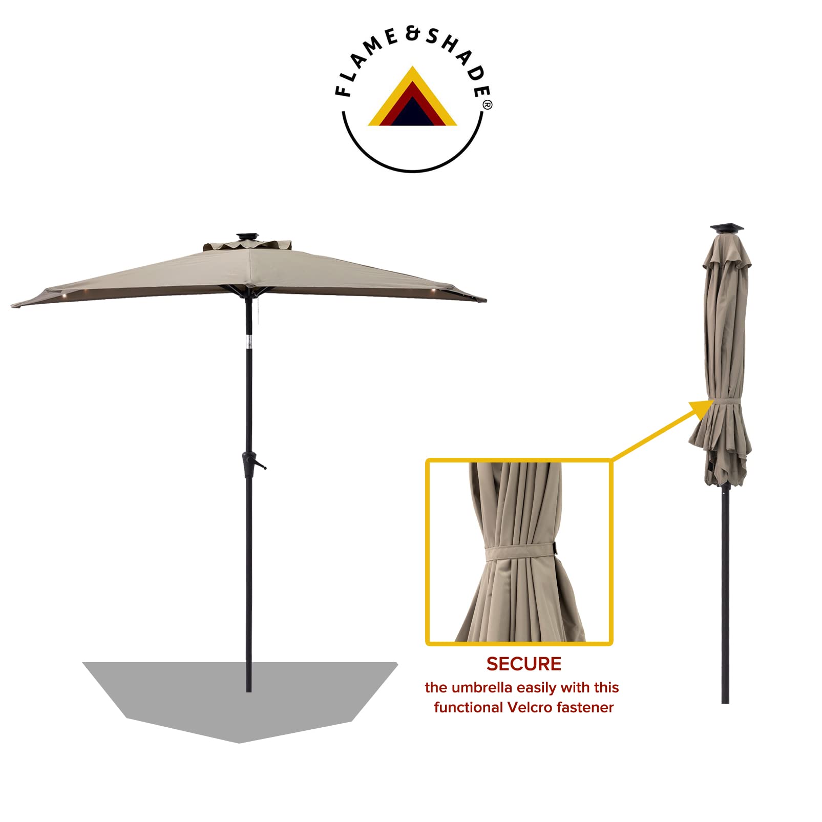 FLAME&SHADE 9 ft Solar Powered Half Round Patio Umbrella with LED Lights & Tilt - Waterproof Outdoor Market Umbrella for Balcony, Garden, Poolside (Taupe) | Perfect for Backyard, Restaurant, and Beach Use