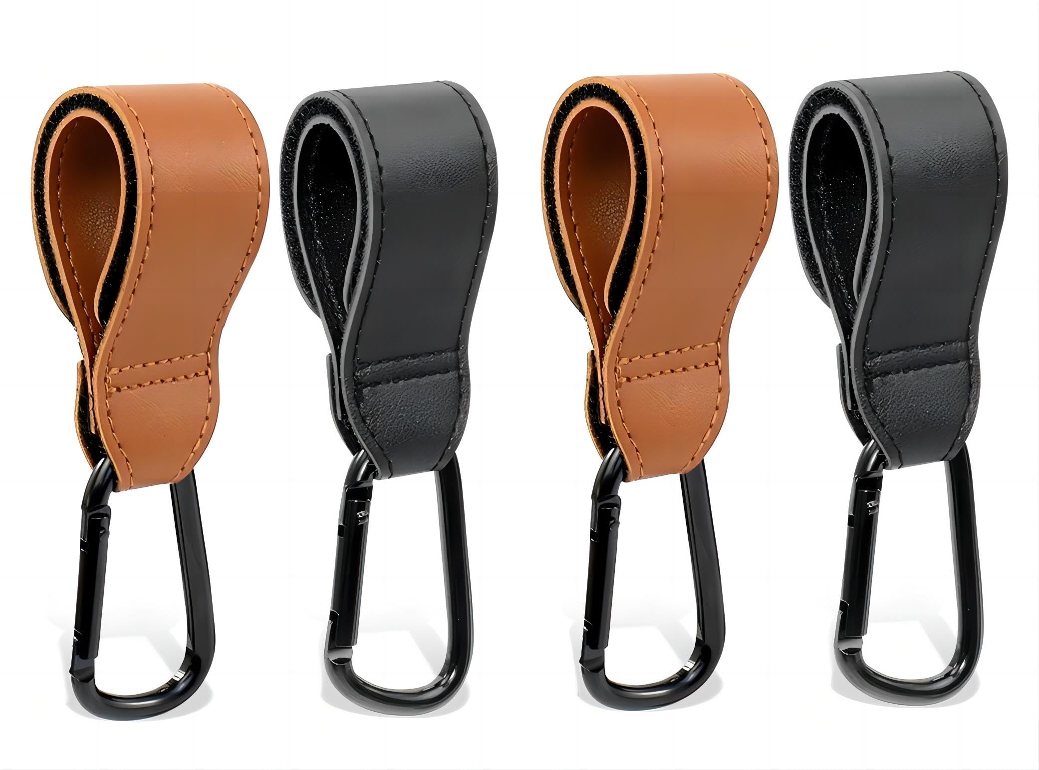 4PCS Premium Leather Stroller Hooks - Heavy Duty Multipurpose Bag Clips for Diaper Bags, Pet Carts & Grocery Shopping (Black & Brown) - Perfect for Baby Strollers, Shopping Carts & Travel Accessories
