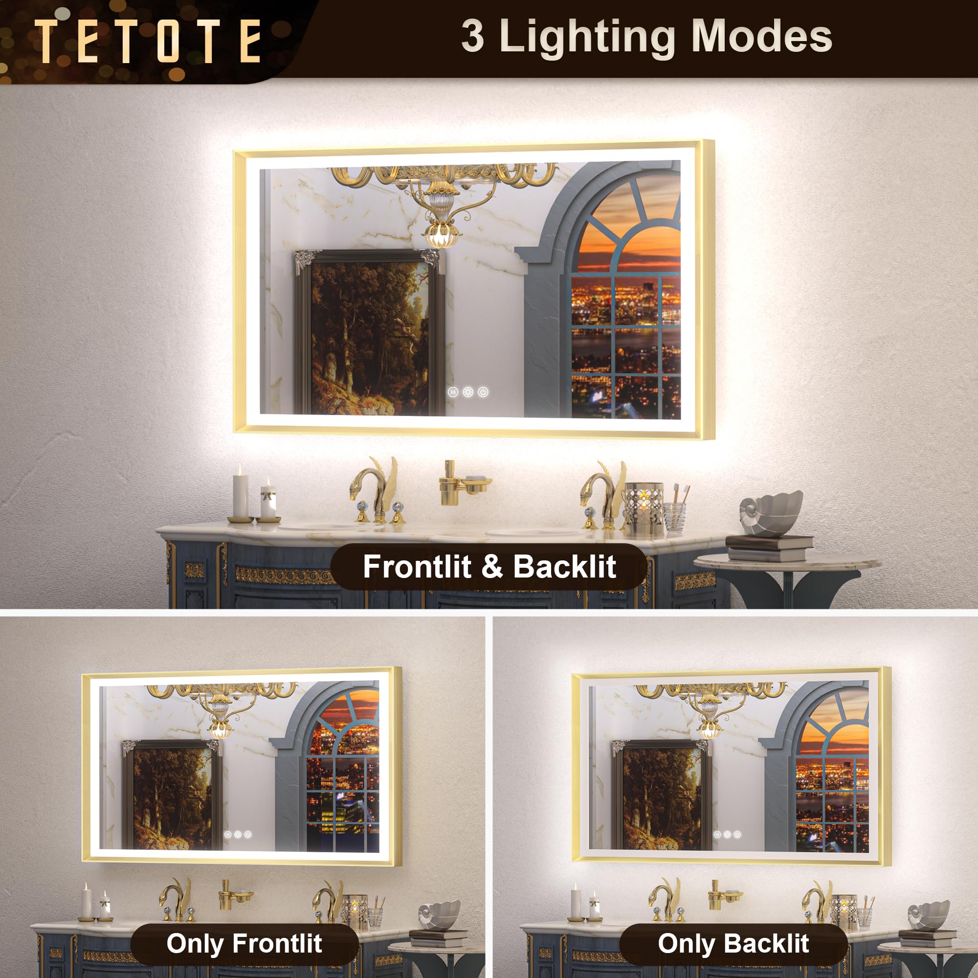 Gold LED Bathroom Mirror with Lights - 28x36 Inch Frontlit & Backlit Vanity Mirror, Baroque Style, Anti-Fog, Stepless Dimmable (White/Warm/Natural Light), CRI90+, Waterproof, Wall Mounted (Horizontal/Vertical) - Perfect for Makeup, Shaving & Home Decor