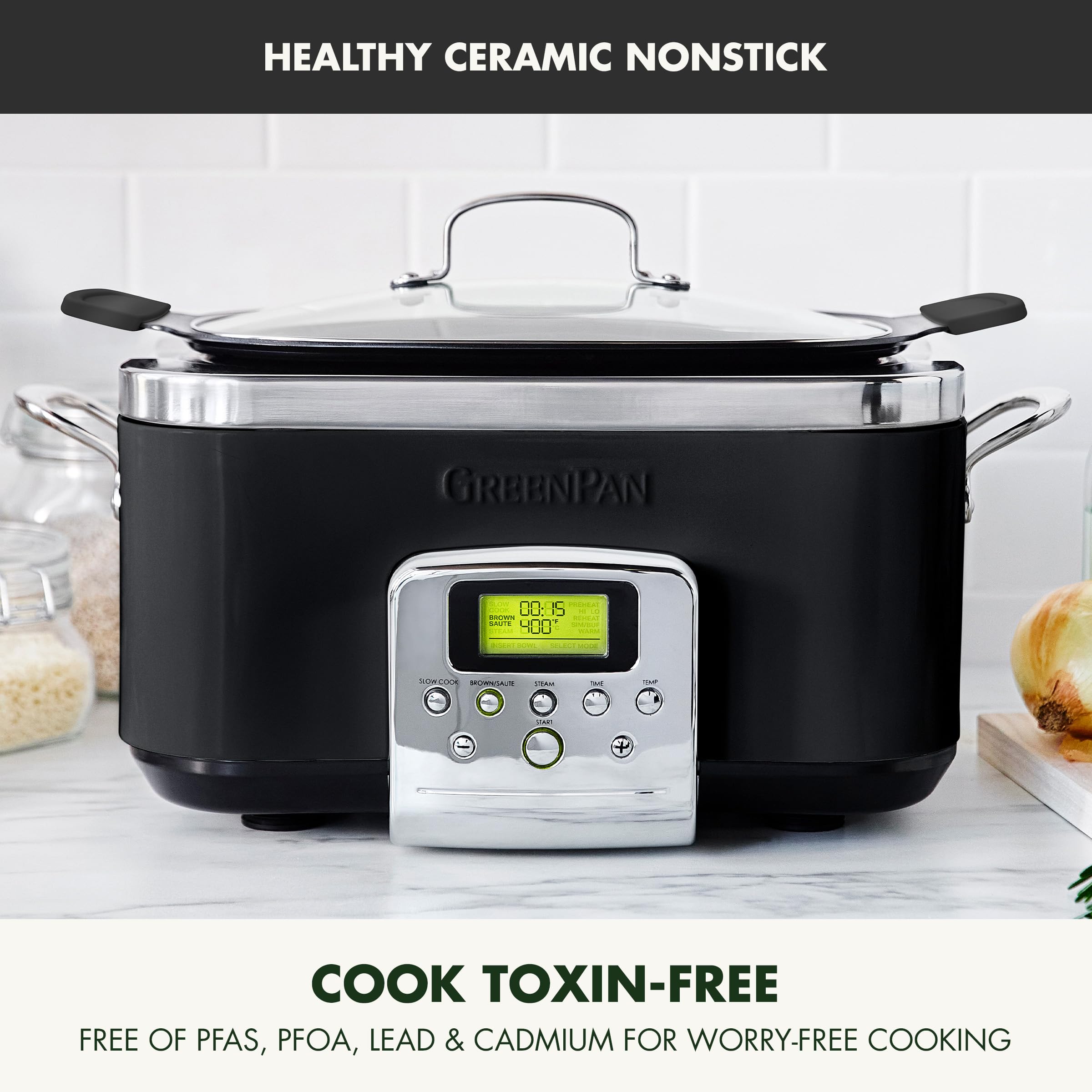 GreenPan Elite 8-in-1 Programmable 6QT Electric Slow Cooker with Dishwasher Safe Lid & Removable Crock - PFAS-Free Healthy Ceramic Nonstick Multi-Cooker for Searing, Sautéing, Steaming & Roasting - Perfect for Family Dinners, Meal Prep & Healthy Cooking (Black)