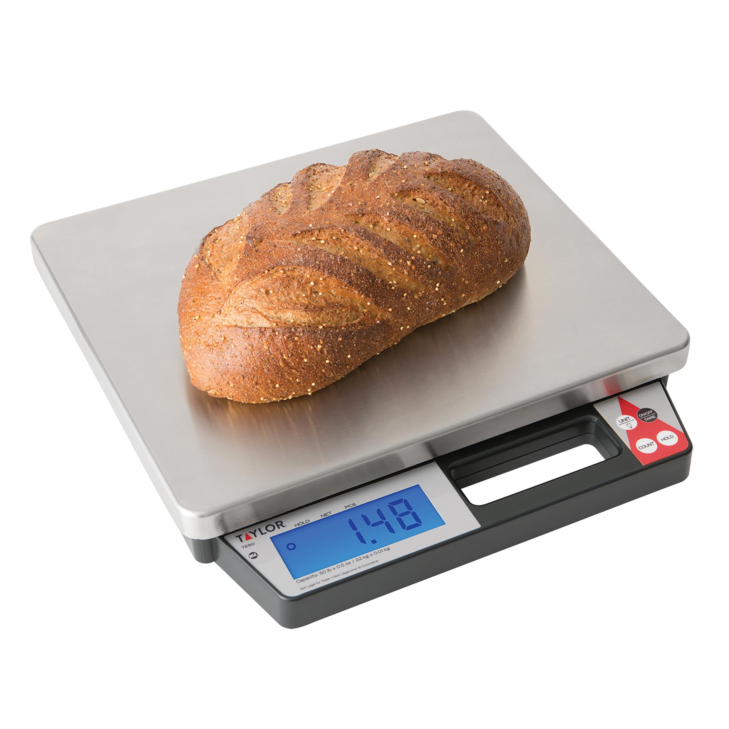 Taylor TE50 50lb Digital Food Scale with Handle - Stainless Steel Commercial Kitchen Scale for Portion Control, Inventory & Postal Weighing | Tare & Hold Functions | NSF Certified | Ideal for Restaurants, Bakeries & Shipping Businesses