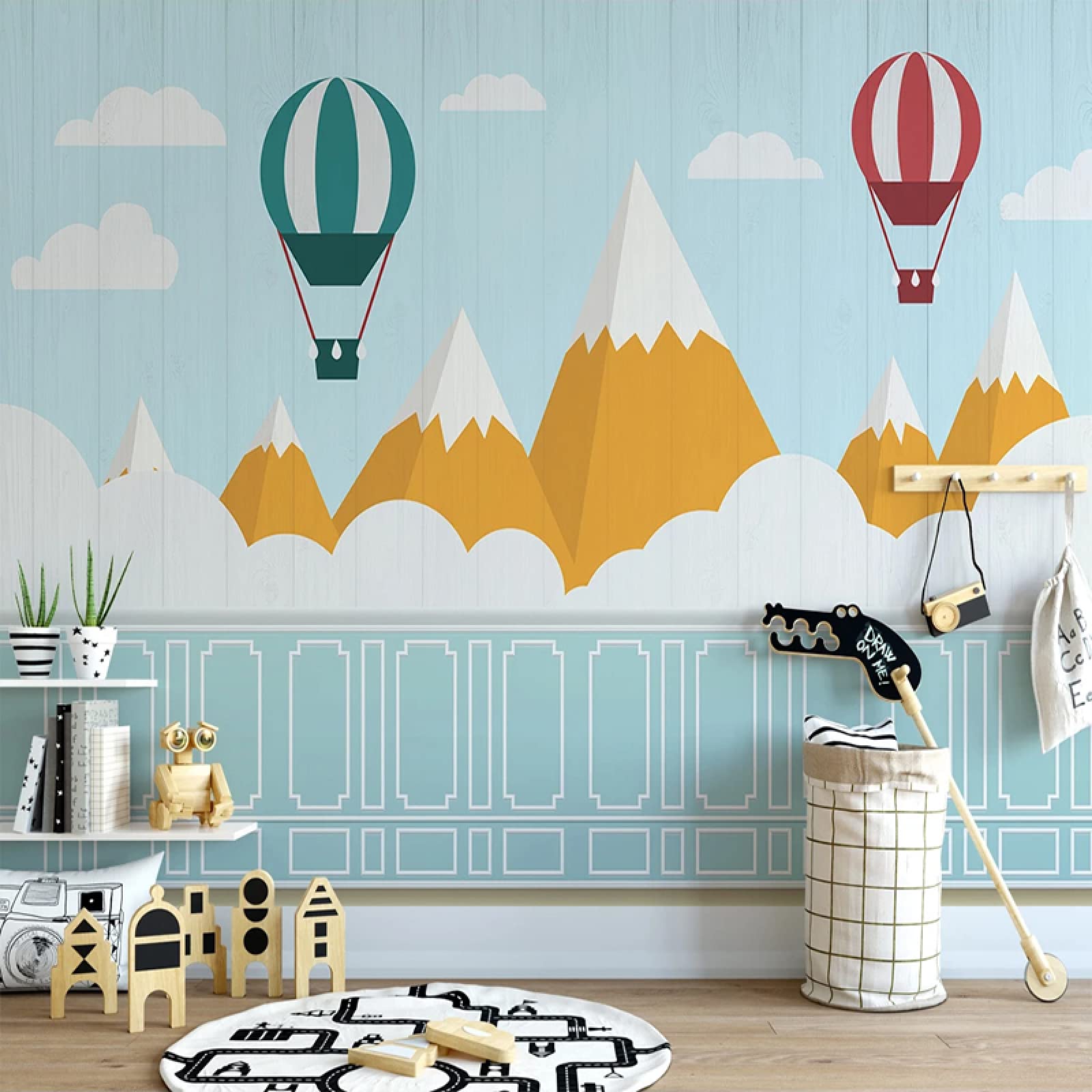 Blue Hot Air Balloon 3D Wall Mural Stickers - 157.5x110.3 Inch Removable Kids Room Wallpaper for Nursery & Bedroom Decor | Easy to Assemble Mountain Landscape Background for Children's Spaces