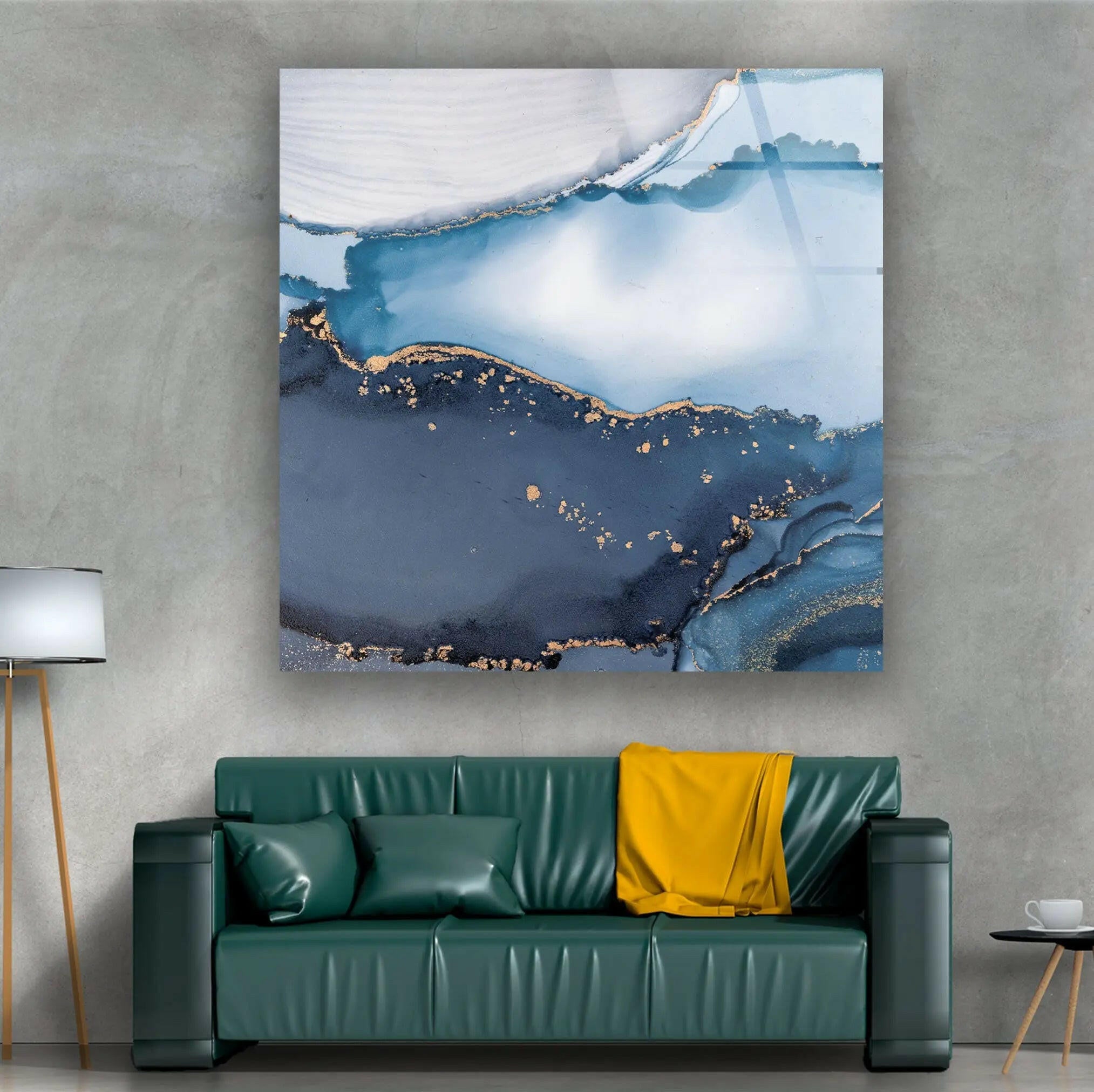 Blue Marble Ink Abstract Glass Wall Art - Modern Home Decor for Living Room, Bedroom & Office - Unique Handmade Glass Painting for Interior Design
