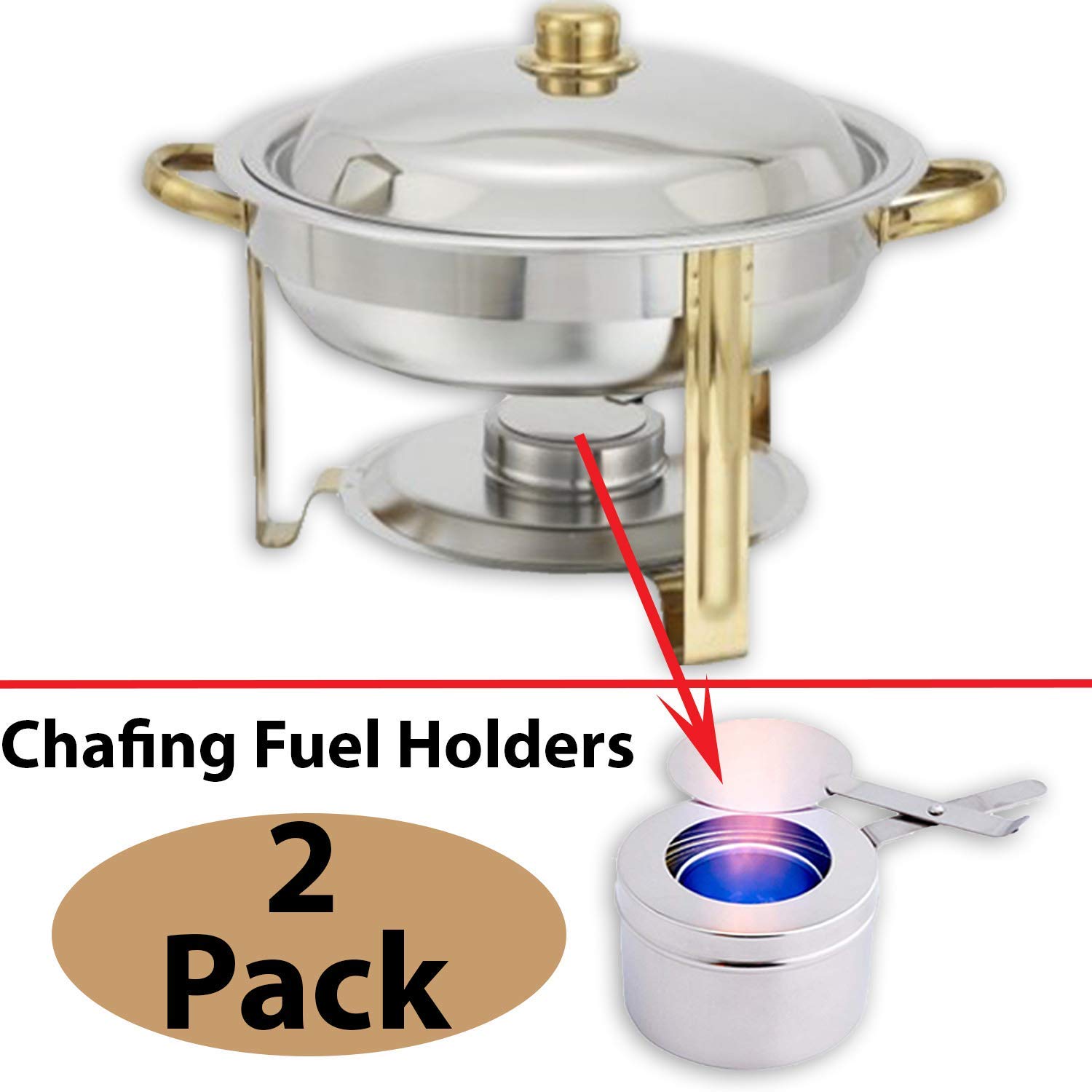 Stainless Steel Round Chafing Dish Buffet Set - 4 Quart Food Pan with Lids, Water Pan, Frame & 6 Fuel Cans - Complete Catering Warming Solution for Buffets, Parties, Weddings & Events
