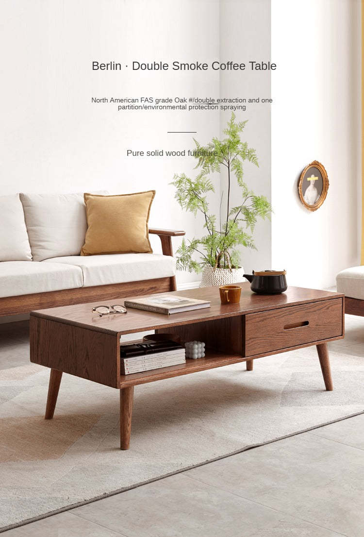 Solid Oak Wood Two-Drawer Coffee Table - Walnut Finish | Rustic Living Room Furniture for Home Decor & Storage