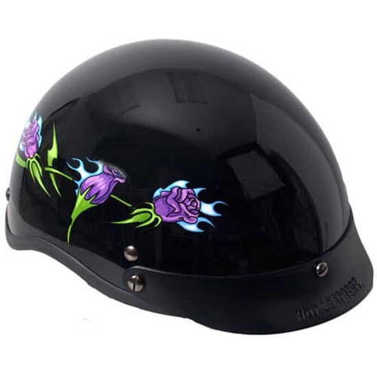 Hot Leathers D.O.T. Approved Women's Motorcycle Helmet - Purple Roses Design with Glossy Black Finish for Safe Riding & Street Style