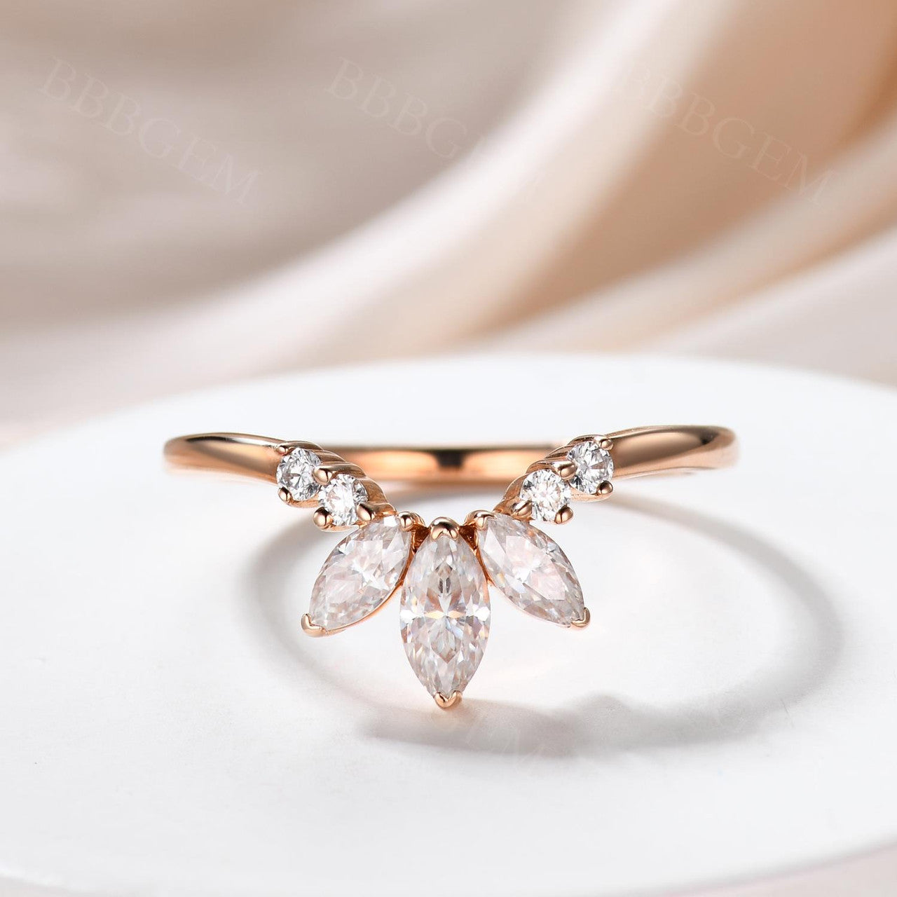 18K Rose Gold Three Stone Graduated Marquise & Round Moissanite Diamond Curve Band Ring | Elegant Wedding, Engagement, Anniversary Jewelry Gift for Women
