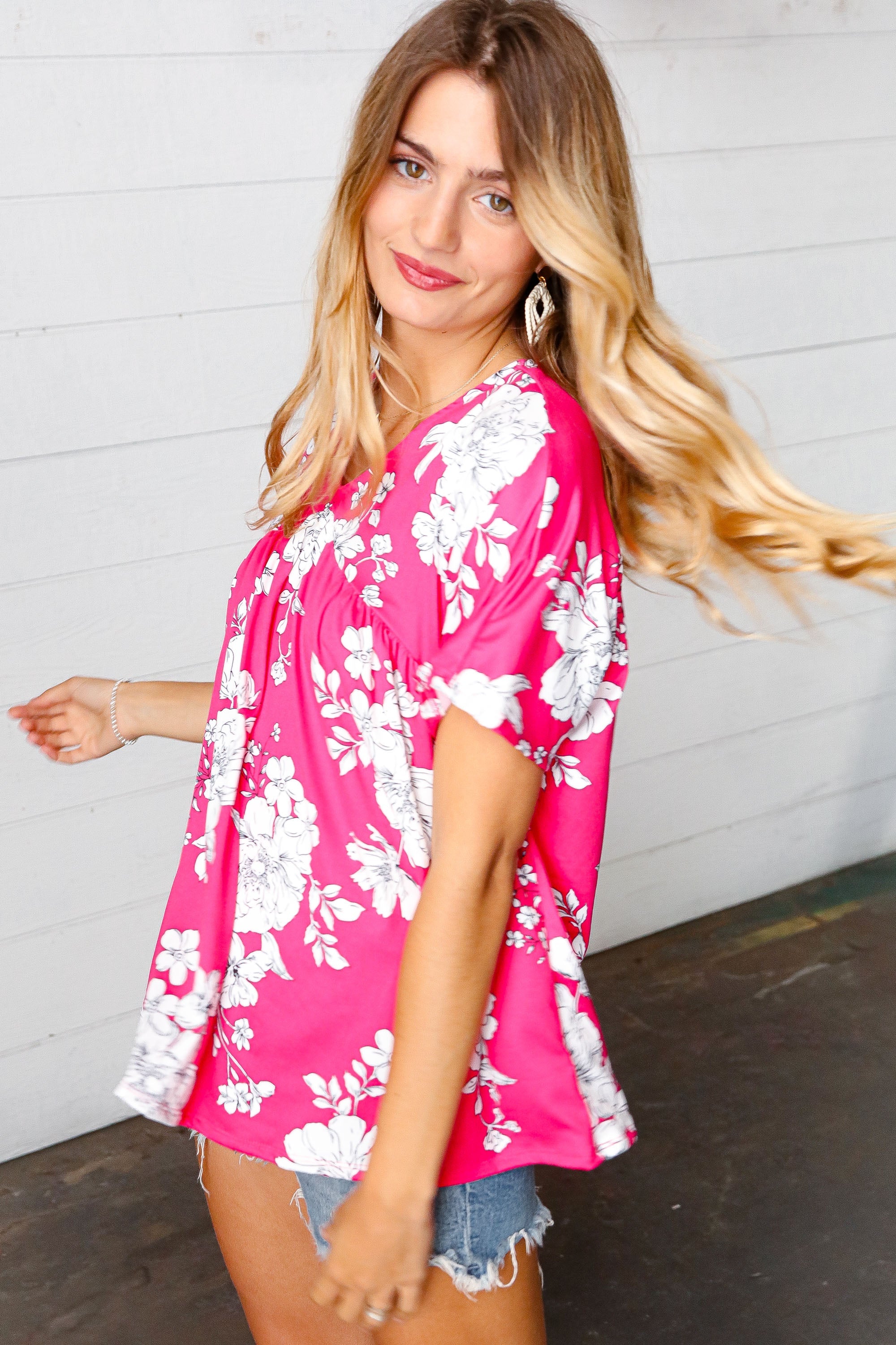 Fuchsia Floral V-Neck Dolman Top for Women | Casual Loose Fit Tunic Blouse | Perfect for Spring Outfits, Date Nights & Office Wear