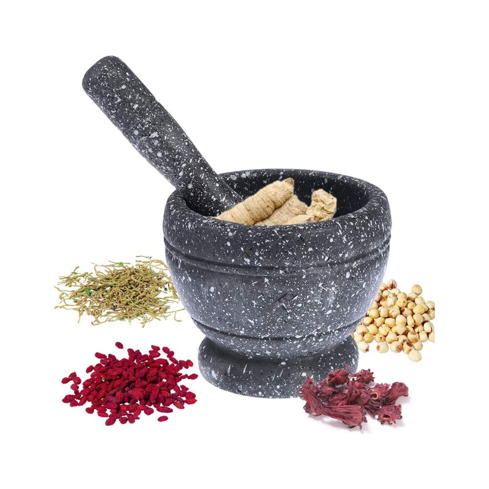 Premium Granite Mortar and Pestle Set - Heavy Duty Unpolished Stone for Crushing, Grinding & Mixing Spices, Herbs & Garlic - Anti-Scratch Base & Free Garlic Peeler Included (Black) - Perfect for Kitchen, Cooking, Ayurveda & Herbal Medicine Preparation