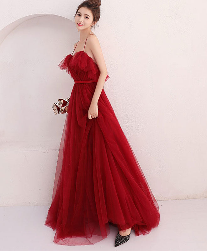 Elegant Burgundy Tulle Long Prom Dress for Women - Formal Evening Gown for Homecoming, Ball, Wedding & Special Occasions
