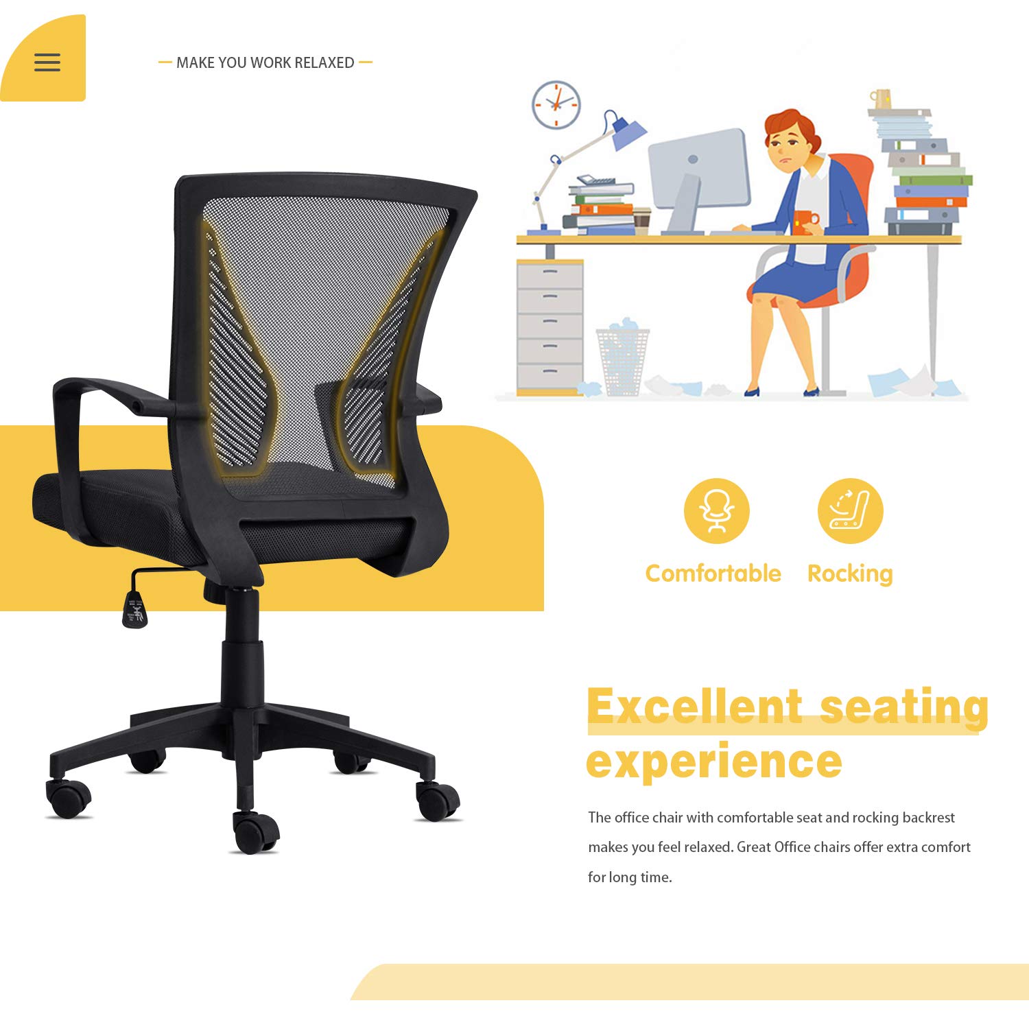 Ergonomic Mesh Office Chair with Lumbar Support - Adjustable Mid Back Computer Desk Chair, Swivel Rolling Task Chair with Armrest for Home & Office Use (Black) - Perfect for Long Work Hours, Gaming & Study Sessions
