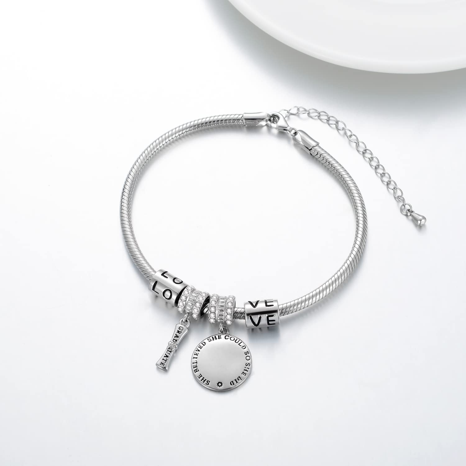 AOBOCO Sterling Silver Inspirational Graduation Snake Bracelet - Perfect College, Masters & Nursing Graduation Gift for Her, Granddaughter, Women (6.5-8.5