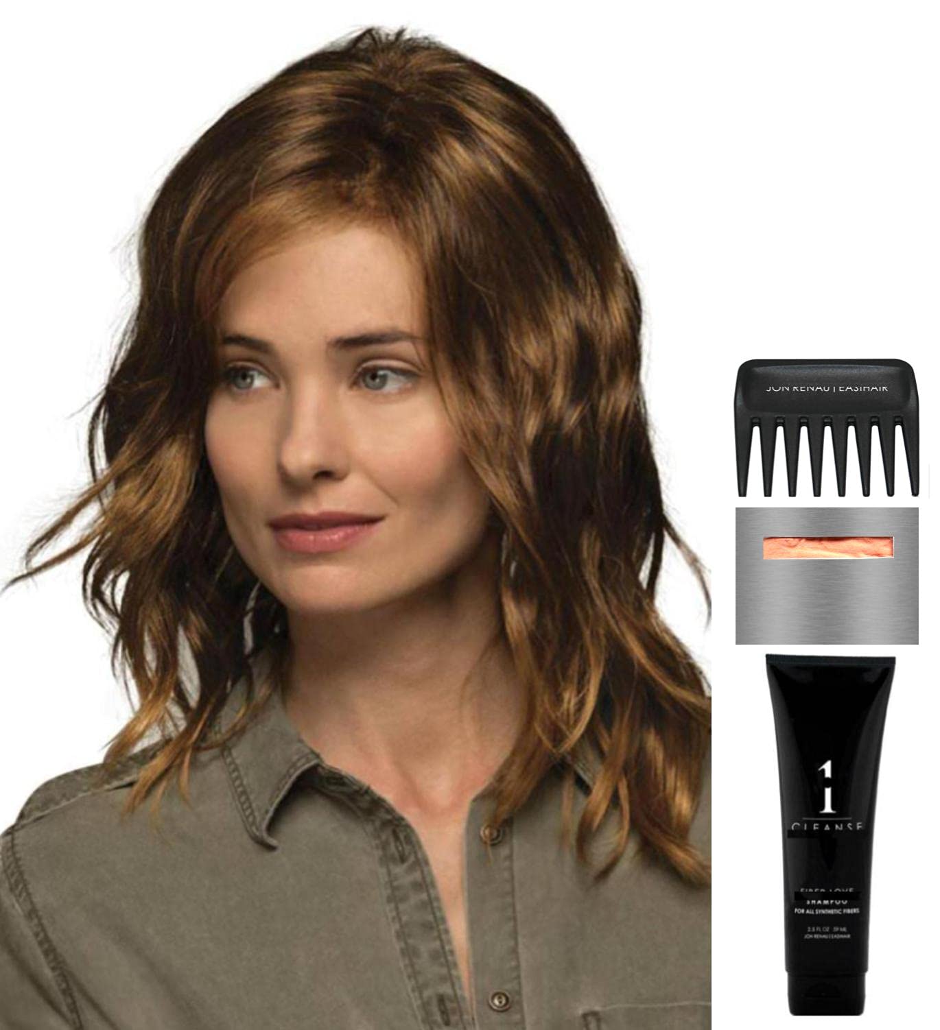 Estetica Ocean Wig Bundle - 5 Piece Set with Americano Color Synthetic Hair, Christy's Wigs Q&A Booklet, 2oz Travel Size Wig Shampoo, Wig Cap & Wide Tooth Comb - Perfect for Cosplay, Costume Parties & Everyday Wear