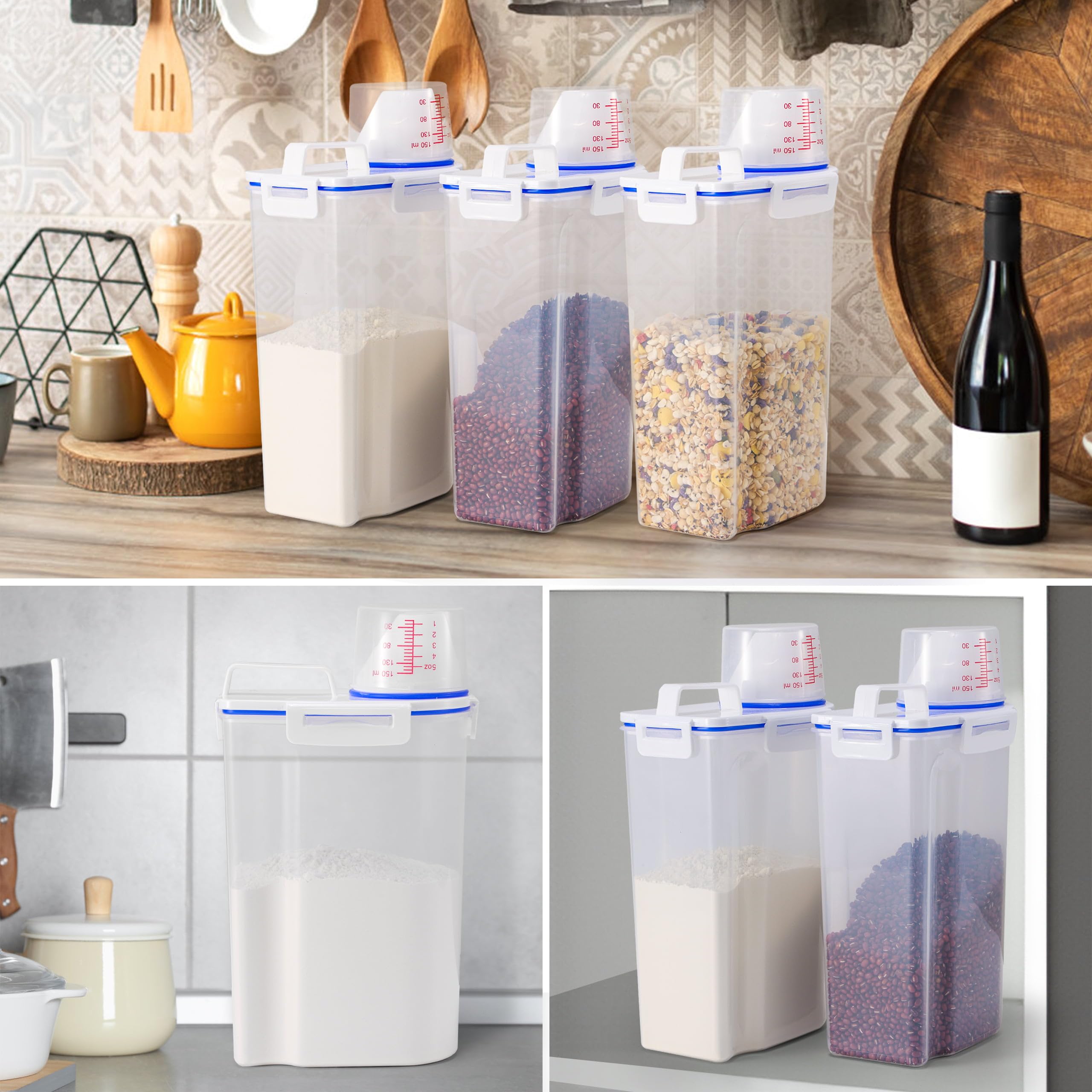 2-Piece Rice Dispenser Set - 10 lbs Airtight Plastic Storage Containers with Measuring Cup & Pour Spout for Rice, Cereal, Grain, Flour, Sugar, Oatmeal & Dry Pet Food - Perfect for Kitchen Pantry Organization & Bulk Food Storage
