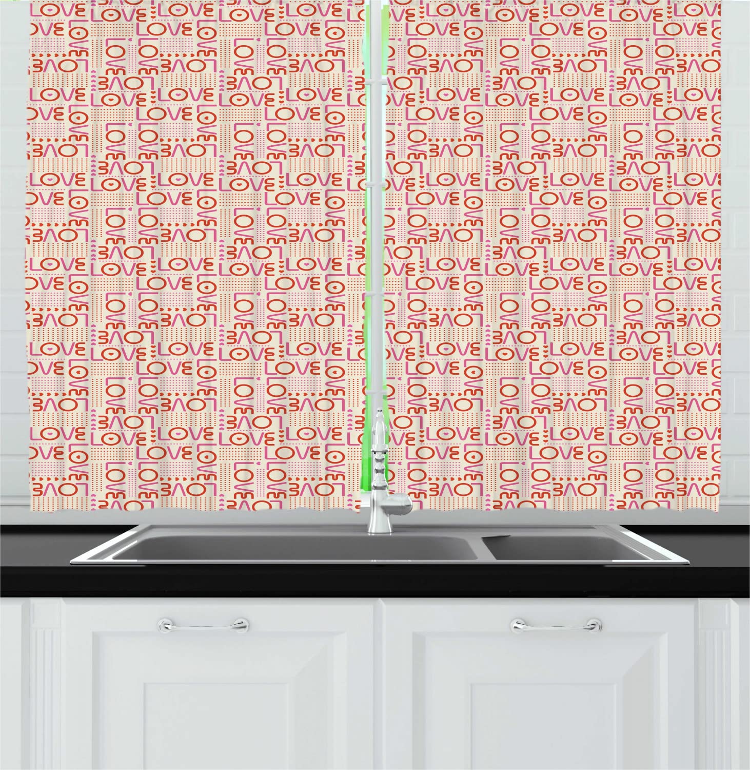 Ambesonne Romantic Long Kitchen Curtains - Love Typography with Heart & Dot Design, 2 Panel Rod Pocket Drapes 55x45 inches, Pink Red & Eggshell - Perfect for Valentine's Day Decor & Cozy Home Kitchen