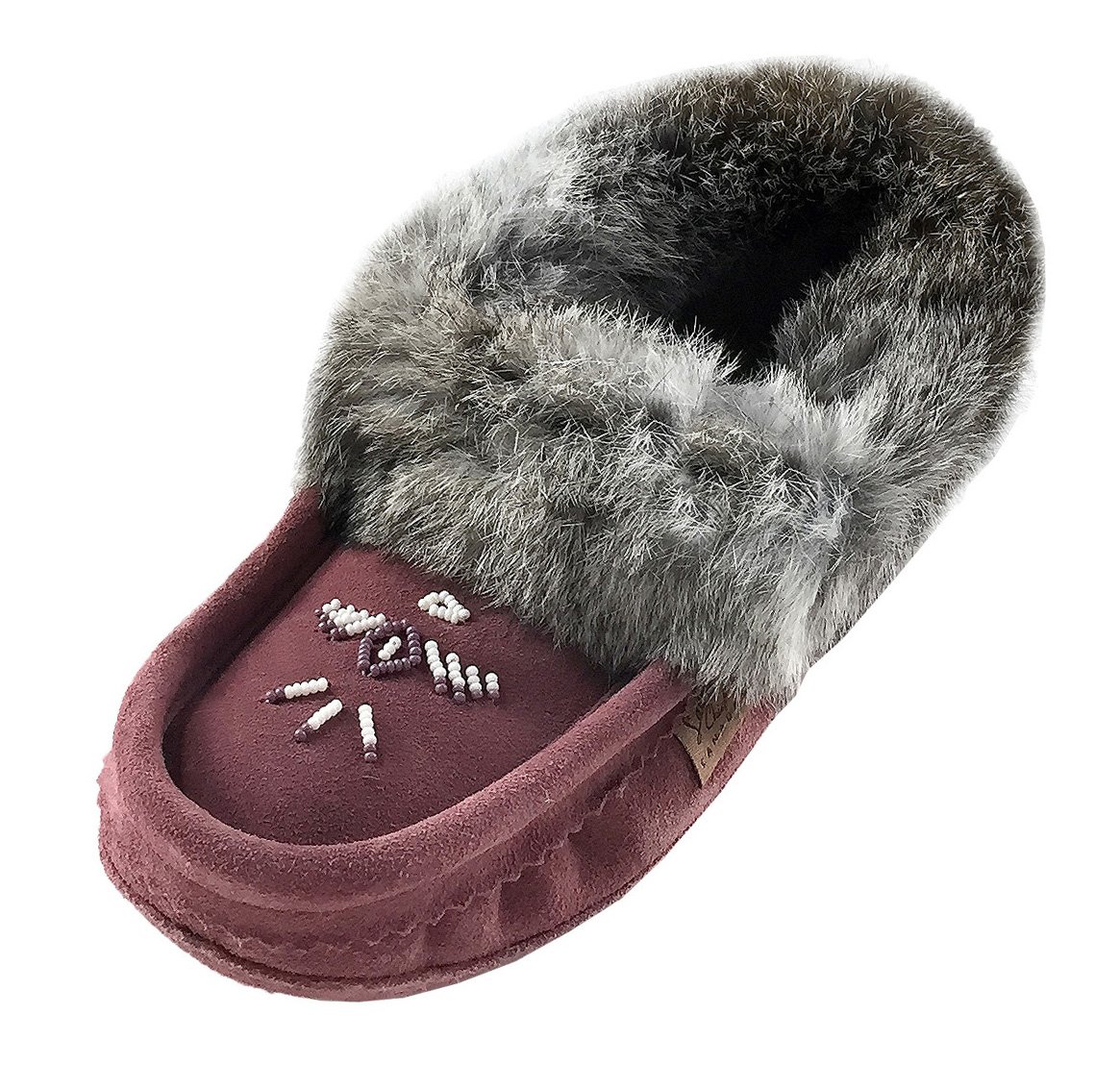 Laurentian Chief Women's Suede Slippers with Rabbit Fur Collar - Soft Sole Moccasins for Indoor Comfort & Cozy Winter Wear