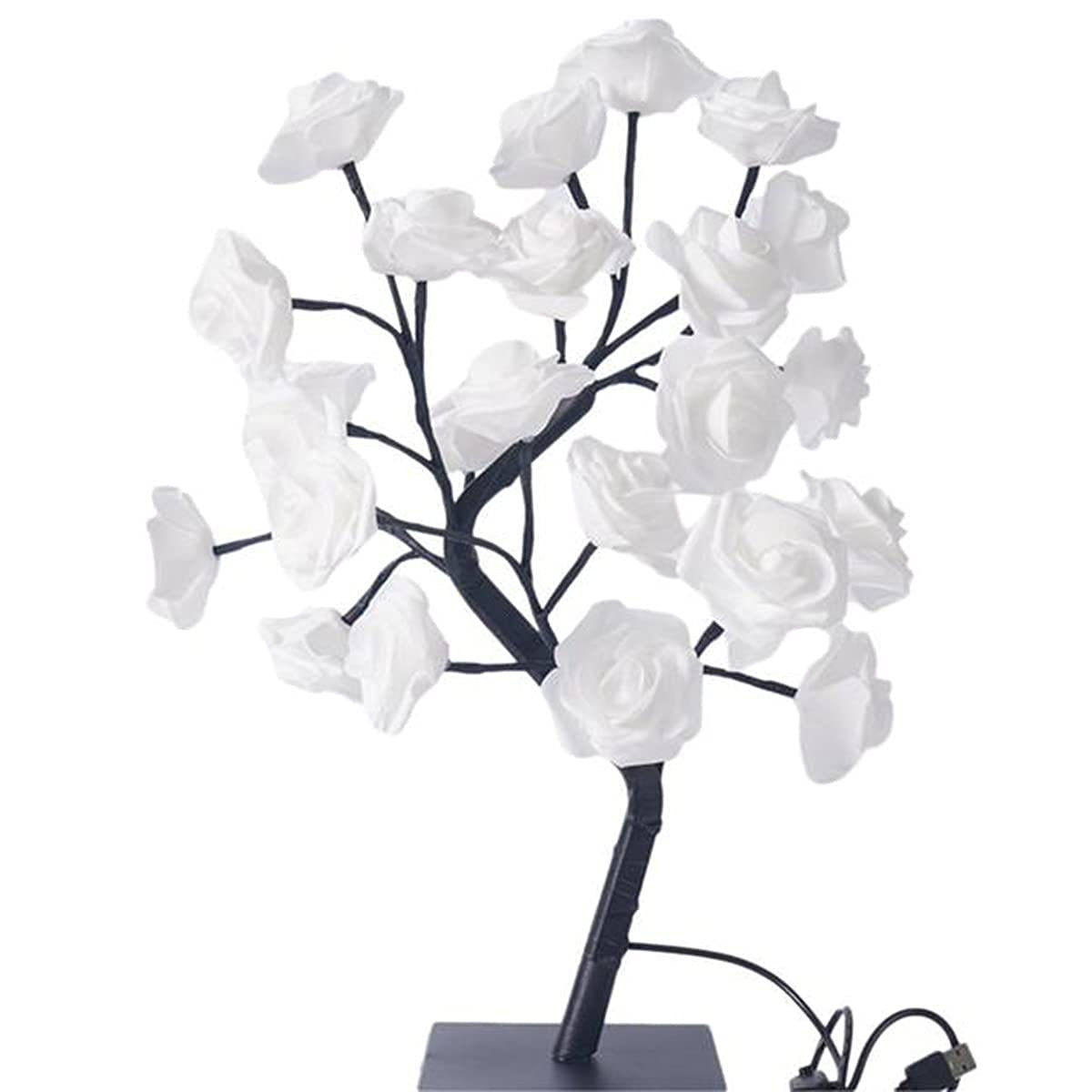 USB LED Rose Tree Lamp - 24 LED White Simulation Rose Flower Light with Removable Plastic Base, Romantic Home Decor for Bedroom, Wedding, Party & Garden Lighting