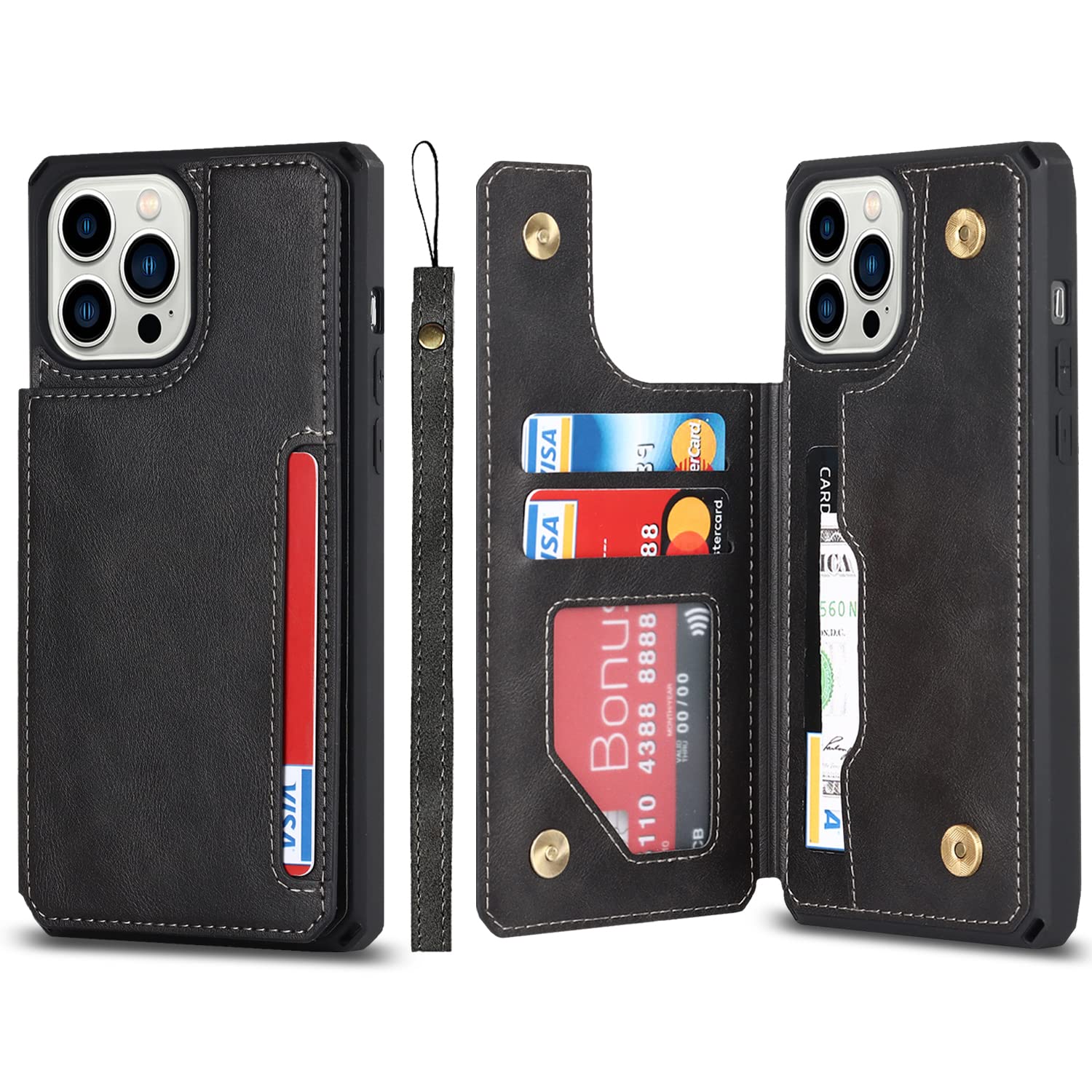 Premium Leather iPhone 12/12 Pro Wallet Case with Card Holder, Kickstand & Wrist Strap - Shockproof Protective Phone Cover for Men & Women - Perfect for Travel, Work & Daily Use (Black)