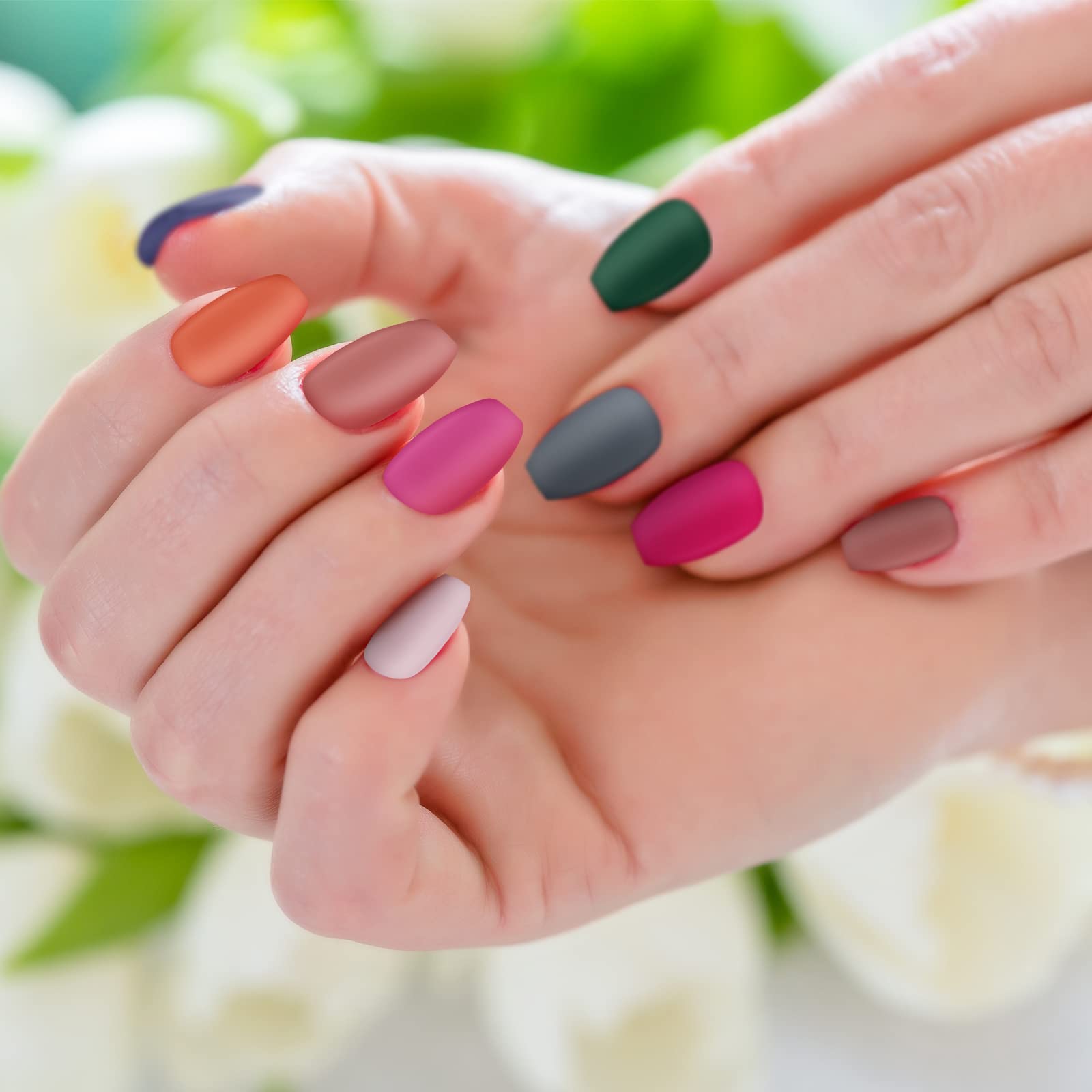 288pcs Matte Acrylic Ballerina Coffin False Nails - 12 Full Cover Sets with Crystal Nail File - Natural Medium Length Press On Nails for Women - Perfect for Parties, Weddings & Daily Wear