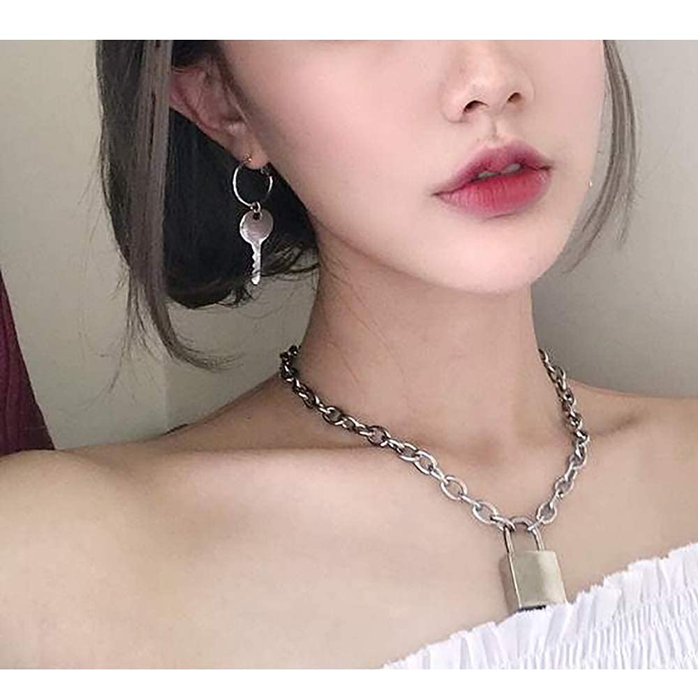 Lock and Key Earrings for Women - Asymmetric Dangle Hoop Earrings with Padlock & Key Design | Punk Edgy Aesthetic Jewelry | Perfect for Gothic, Boho & Everyday Fashion