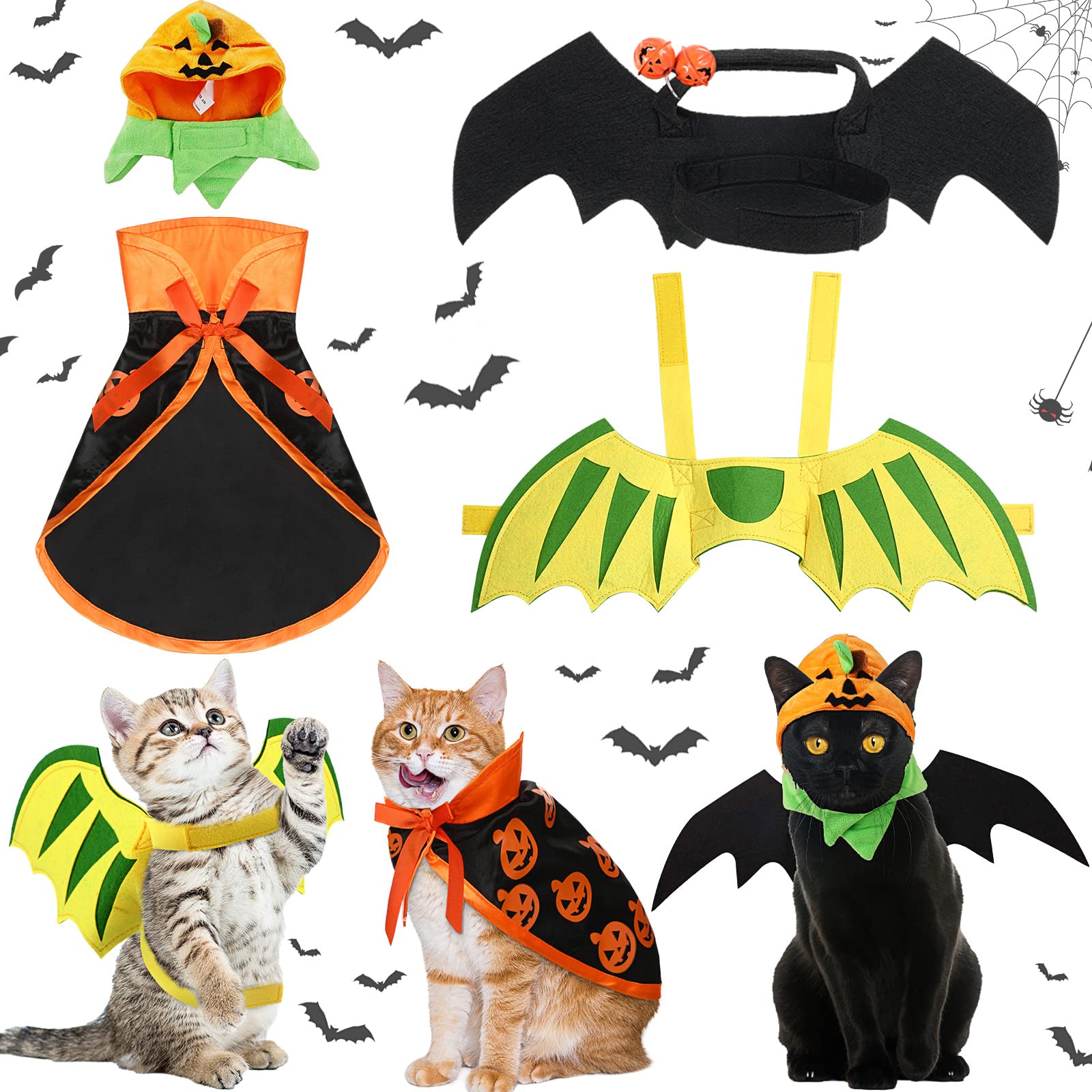 4PCS Halloween Cat Costume Set - Pumpkin Cape, Cute Hat & Bat Wings with Bell | Pet Cosplay Dress Up Accessories for Halloween Parties & Photo Shoots