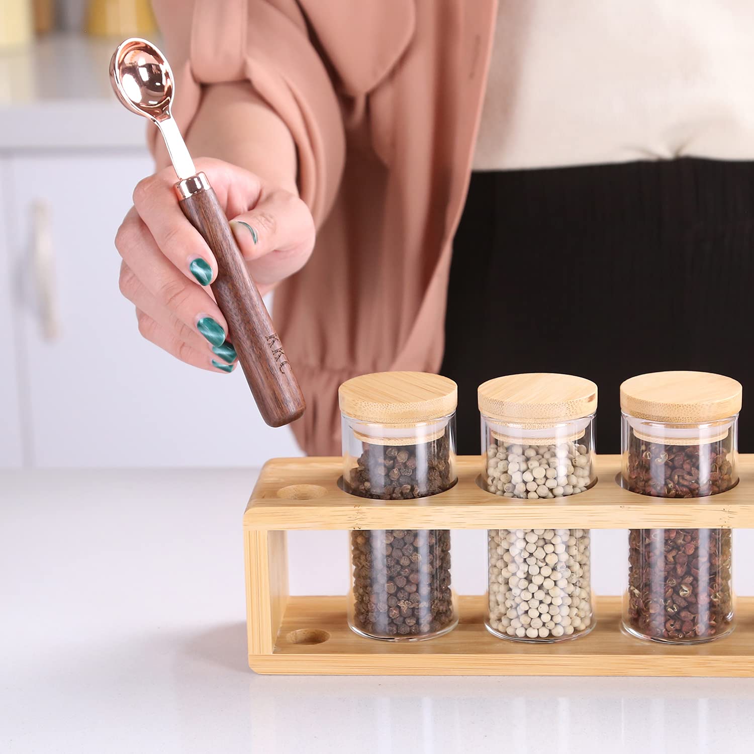 KKC HOME ACCENTS 6-Piece Glass Spice Jars Set with Bamboo Lids, Wooden Rack & Measuring Spoon - 3.4oz Airtight Kitchen Spice Containers for Countertop Organization | Perfect for Cooking, Baking & Pantry Storage