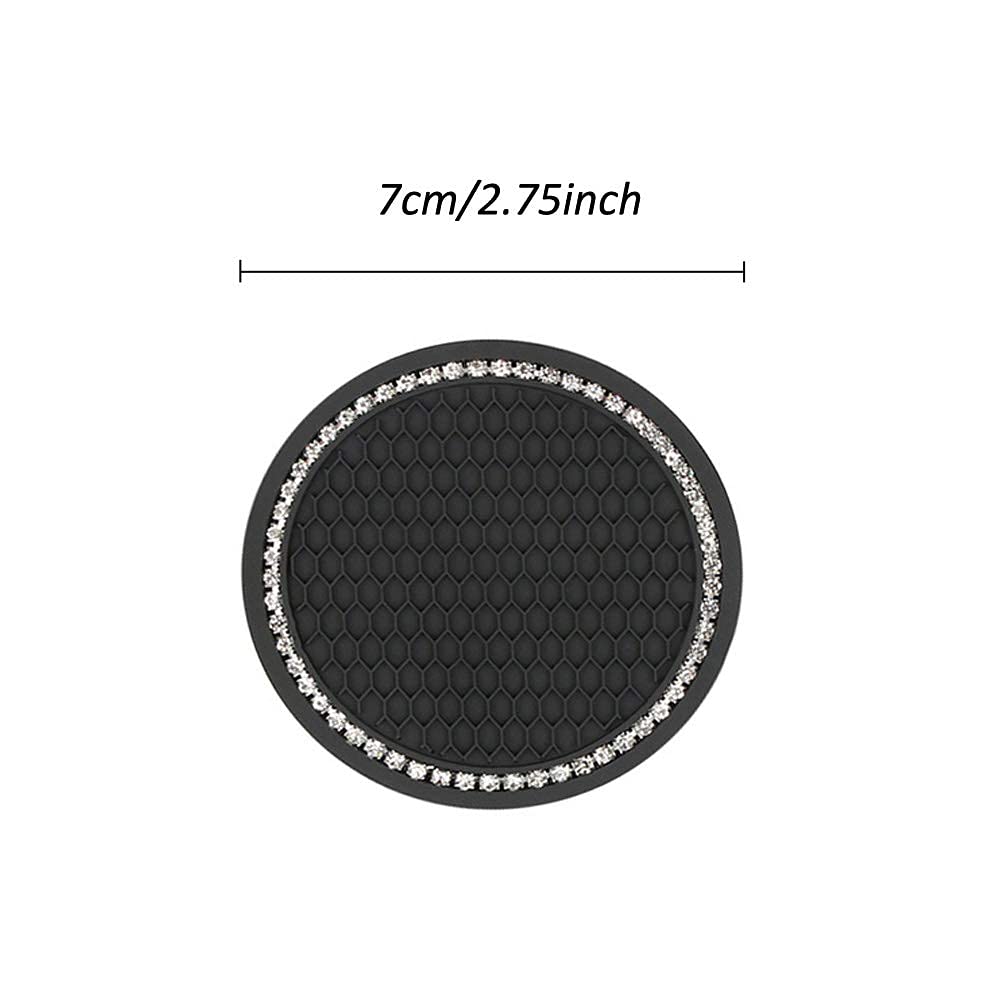 2 Pack Bling Car Cup Holder Coasters - 2.75 Inch Soft Crystal Rhinestone Rubber Pads, Round Auto Drink Coasters for Car Interior Accessories (Black) | Perfect for Luxury Cars, SUVs & Everyday Vehicle Protection