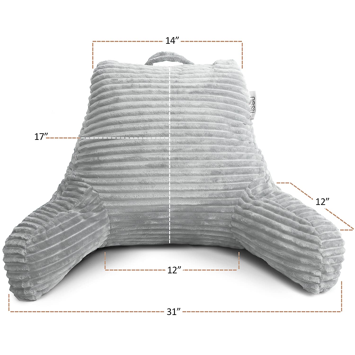 Clara Clark Reading Pillow for Adults - Plush Back Support Pillow with Arms & Pockets for Sitting in Bed, Shredded Foam Bed Rest Pillow (Silver) - Perfect for Reading, Watching TV, or Relaxing in Bed
