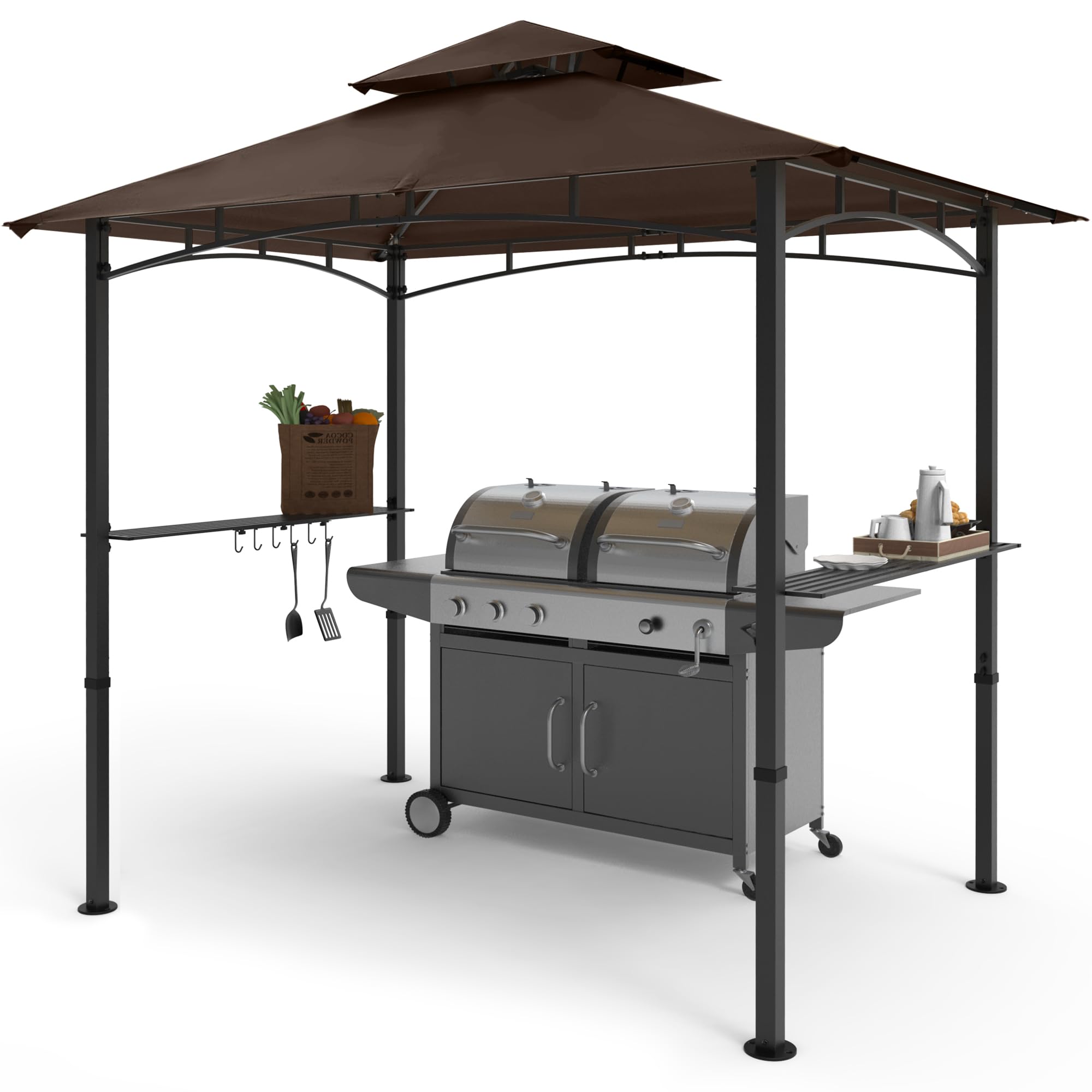 COOSHADE 8'x5' Double Tiered Outdoor BBQ Grill Gazebo with LED Lights - Waterproof Canopy for Patio, Backyard, Garden & Camping (Brown)