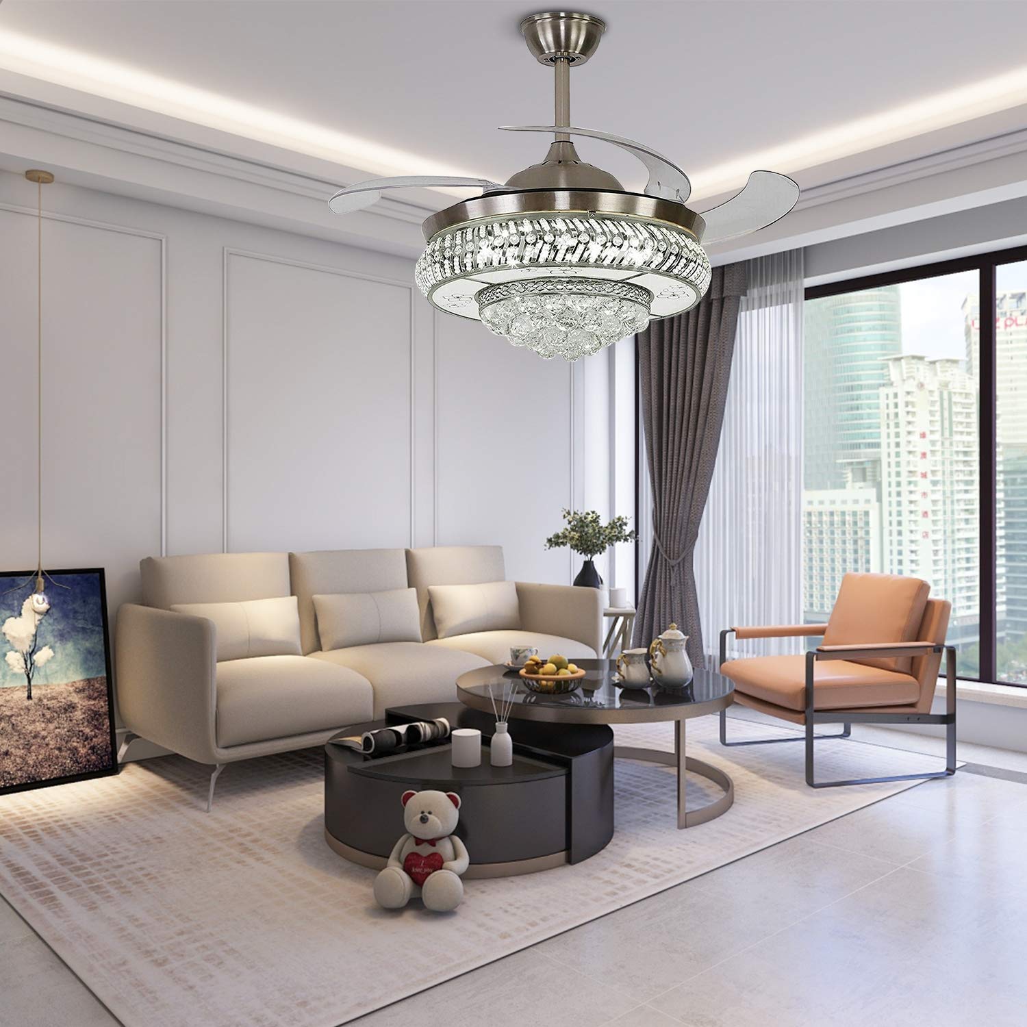 Modern Retractable Crystal Ceiling Fan with Light & Remote Control - 42 Inch Smart Ceiling Fan with Dimmable LED & 3 Speed Settings - Chrome Silver for Living Room, Bedroom, Dining Room & Office Spaces