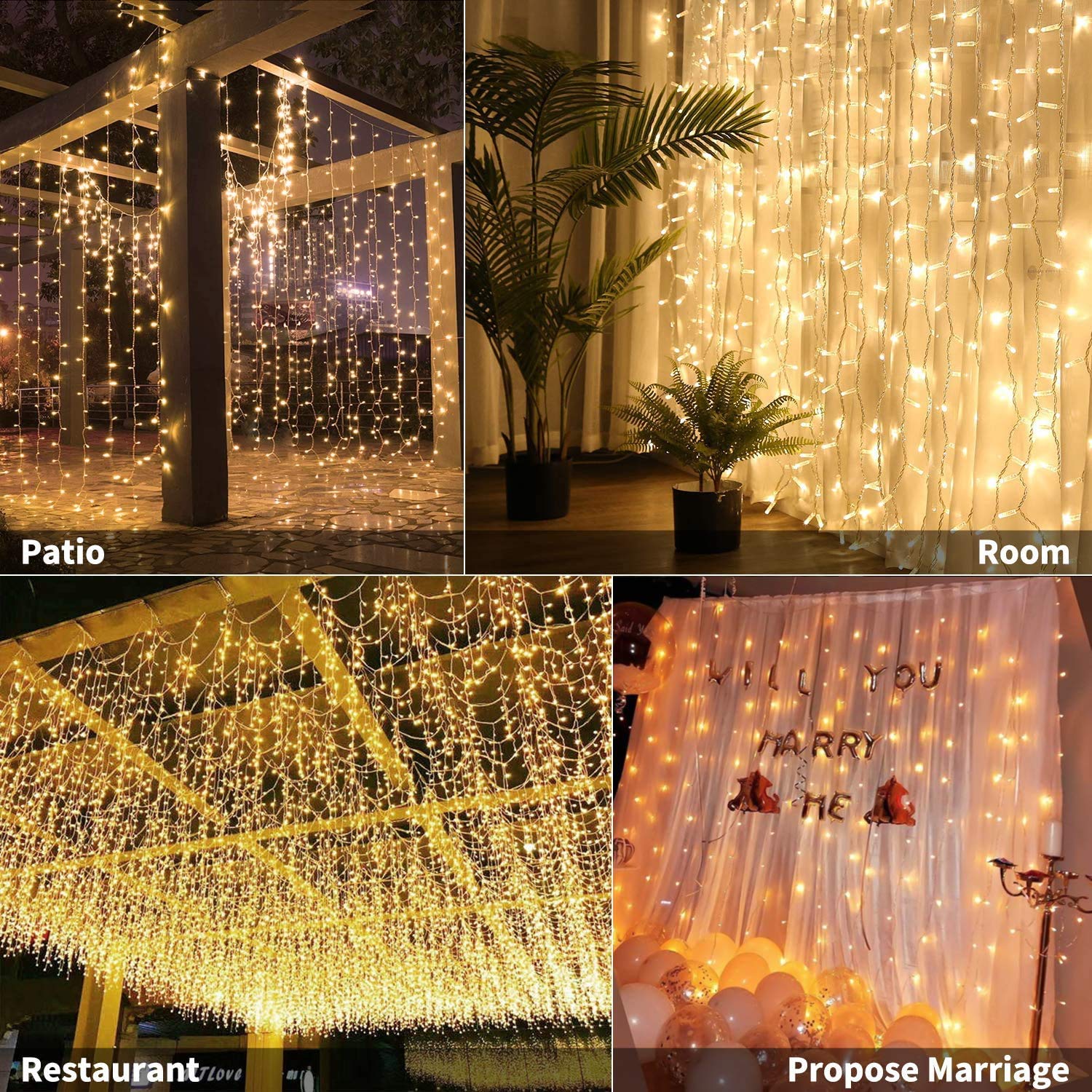 Brightown 9.8 Ft Dimmable LED Curtain Lights with Remote - 300 Warm White LEDs, 8 Lighting Modes & Timer - Connectable Hanging Window Lights for Bedroom, Wall, Party Decor - Indoor & Outdoor Use (Curtain Not Included) - Perfect for Christmas, Weddings, and Home Decoration