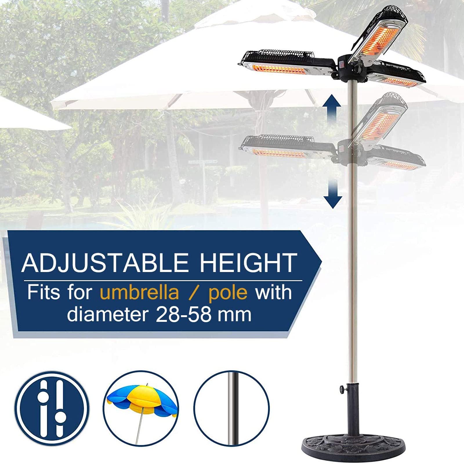 Electric Patio Umbrella Heater - Outdoor Waterproof IP34 Height Adjustable with 3 Power Settings & Heating Panels (1500W) - Ideal for Gardens, Patios, Restaurants & Outdoor Gatherings