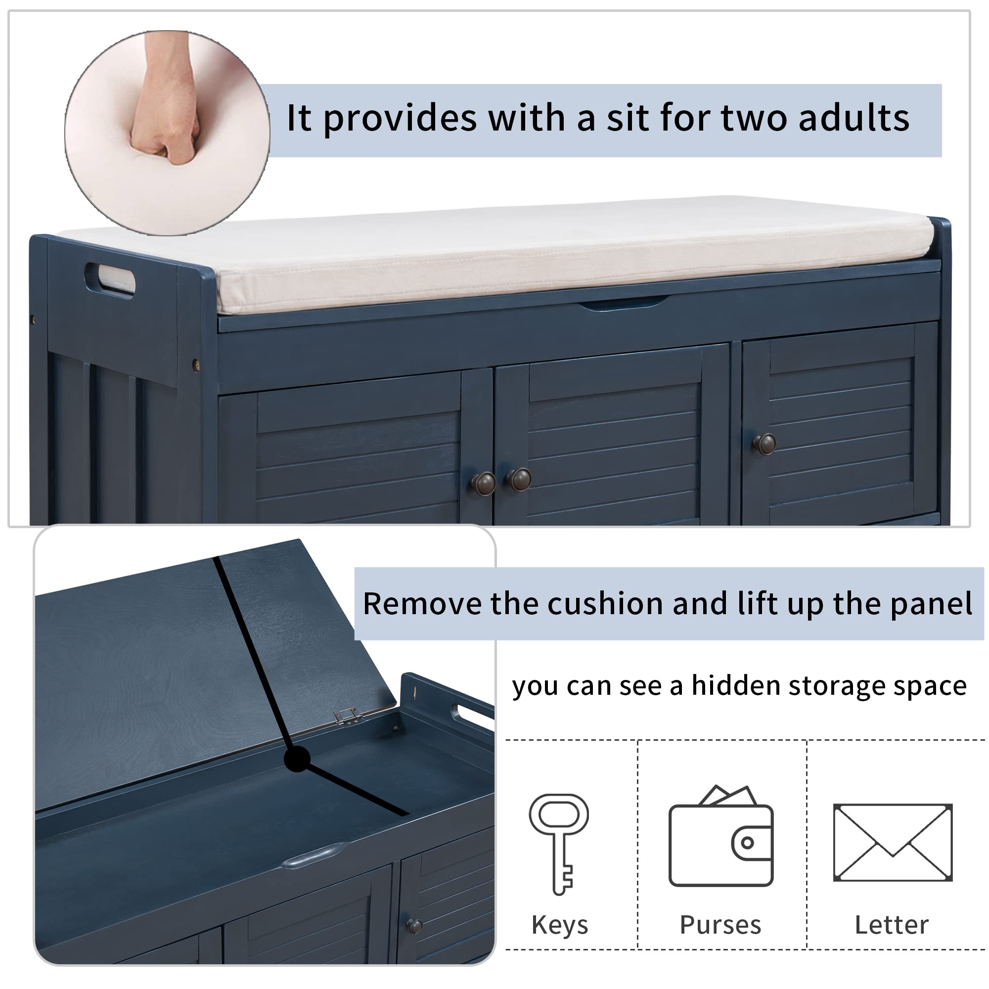 SOFTSEA Shoe Storage Bench with Shutter Doors - Entryway Organizer Bench with Removable Cushion & Hidden Storage Compartment - Perfect for Hallway, Mudroom & Small Space Organization (Antique Navy, Assembly Required)