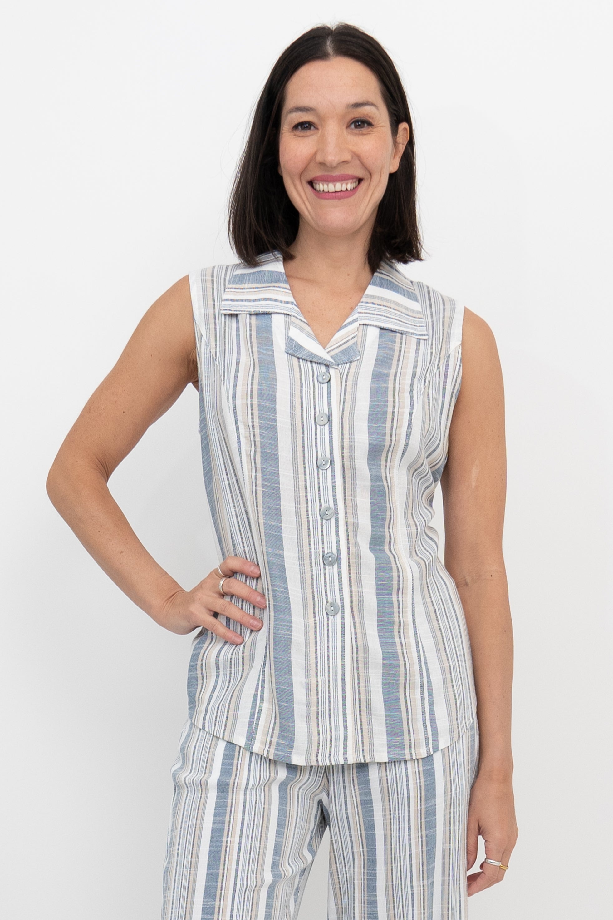 Lexa Tank Top - Sand Stripe Linen Bamboo Blend - Women's Casual Summer Shirt for Beach & Outdoor Activities
